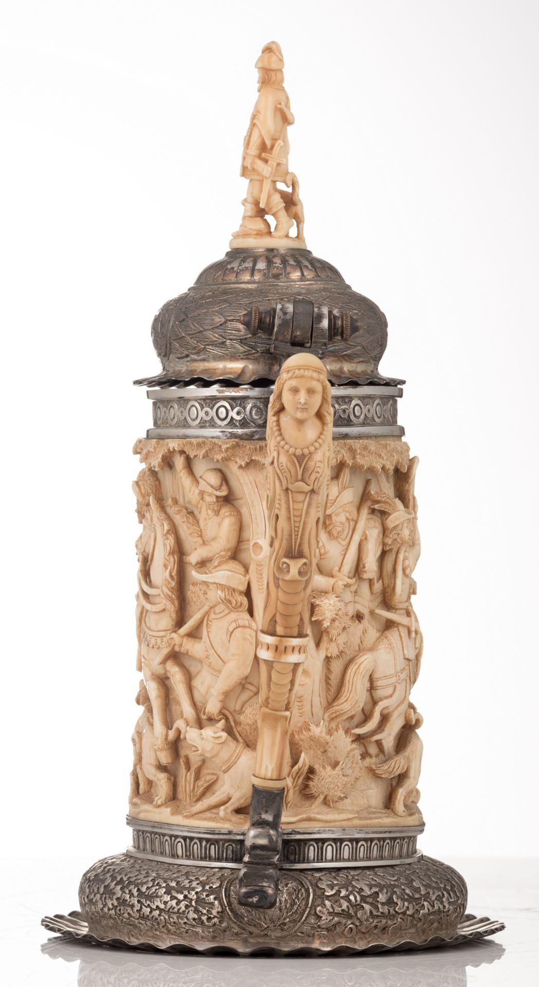 A first quarter of the 20thC Austro-Hungarian silver mounted humpen in the 17thC manner, the ivory - Bild 3 aus 8
