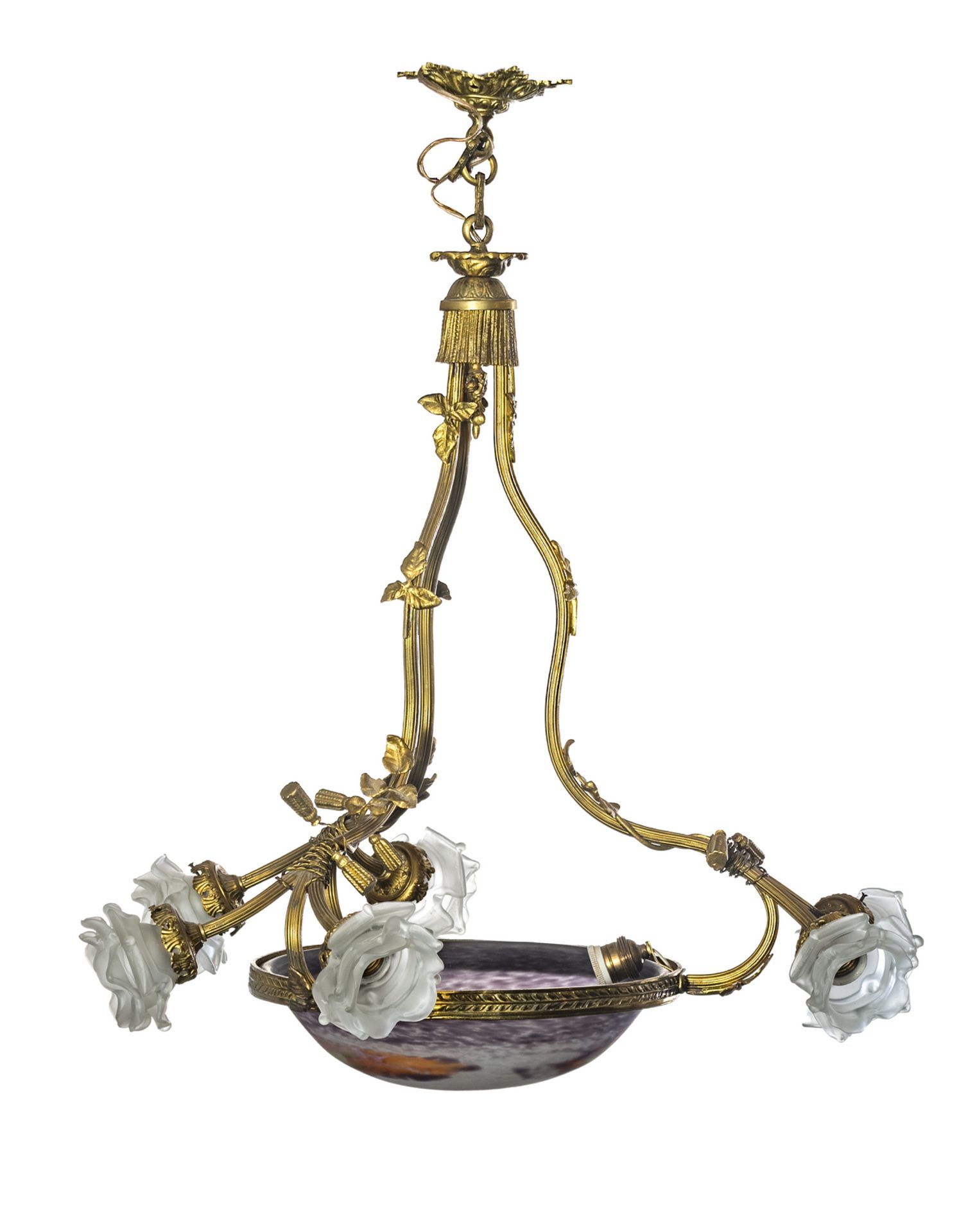 A Belle Epoque gilt brass chandelier with frosted glass shades, and a glass paste bowl marked