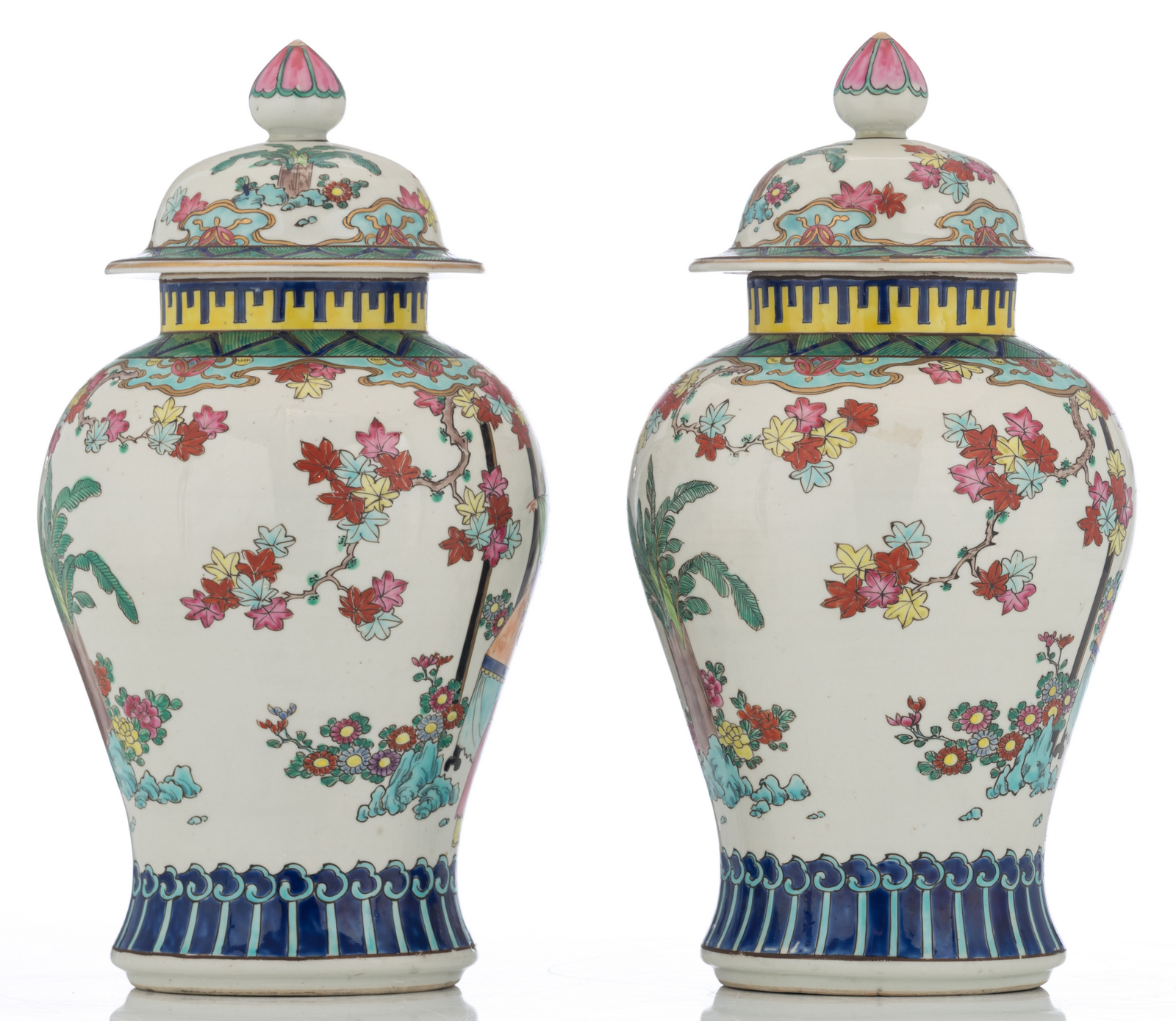 A pair of polychrome vases and covers, decorated with chinoiseries, marked, H 37,5 cm - Image 4 of 6