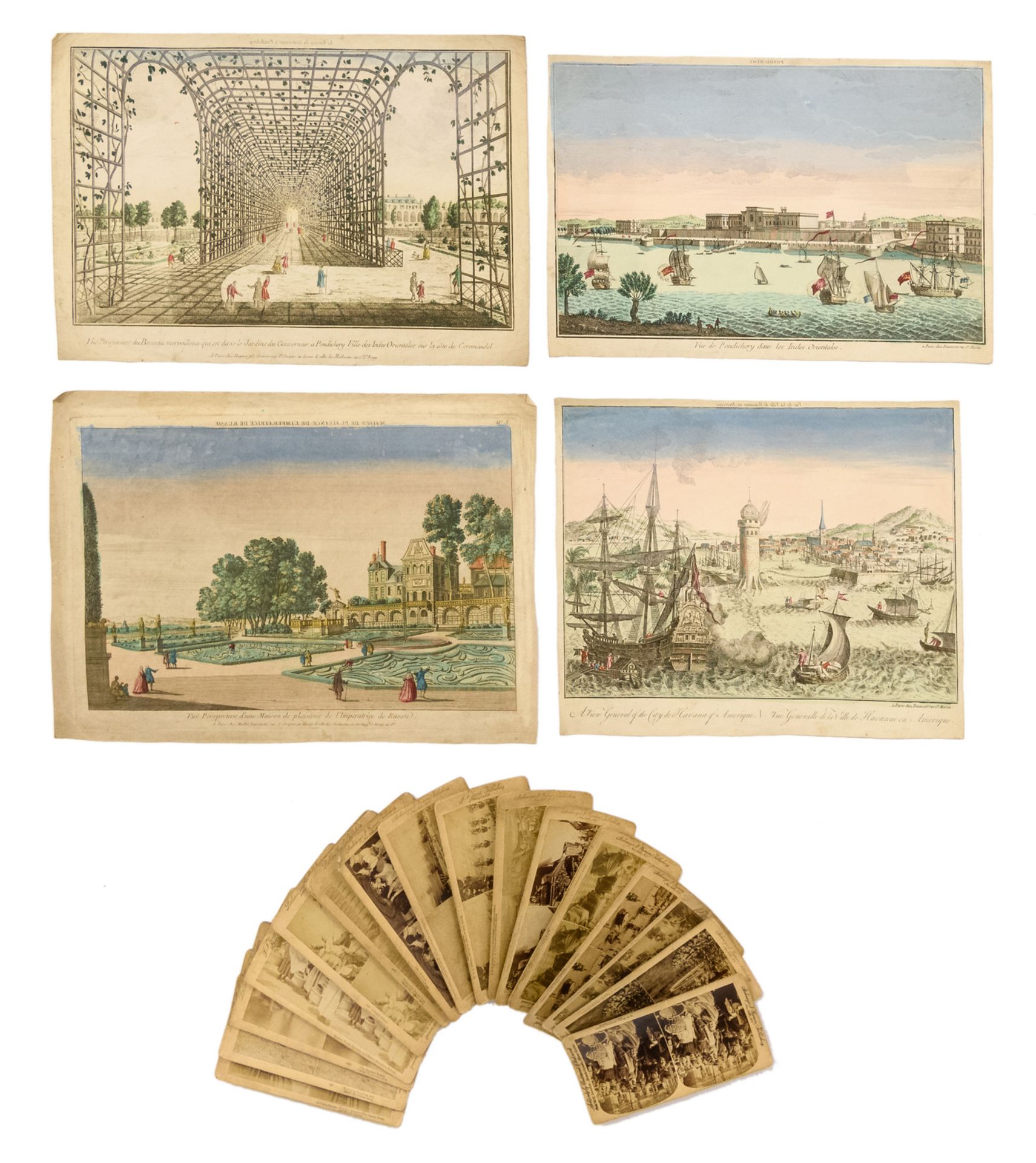 A stereoscope with some worldwide images (mainly Germany); added four 18thC French hand coloured - Image 2 of 8