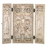 A small ivory altar tryptich in the Byzantine manner, the central panel depicting the Golgotha and