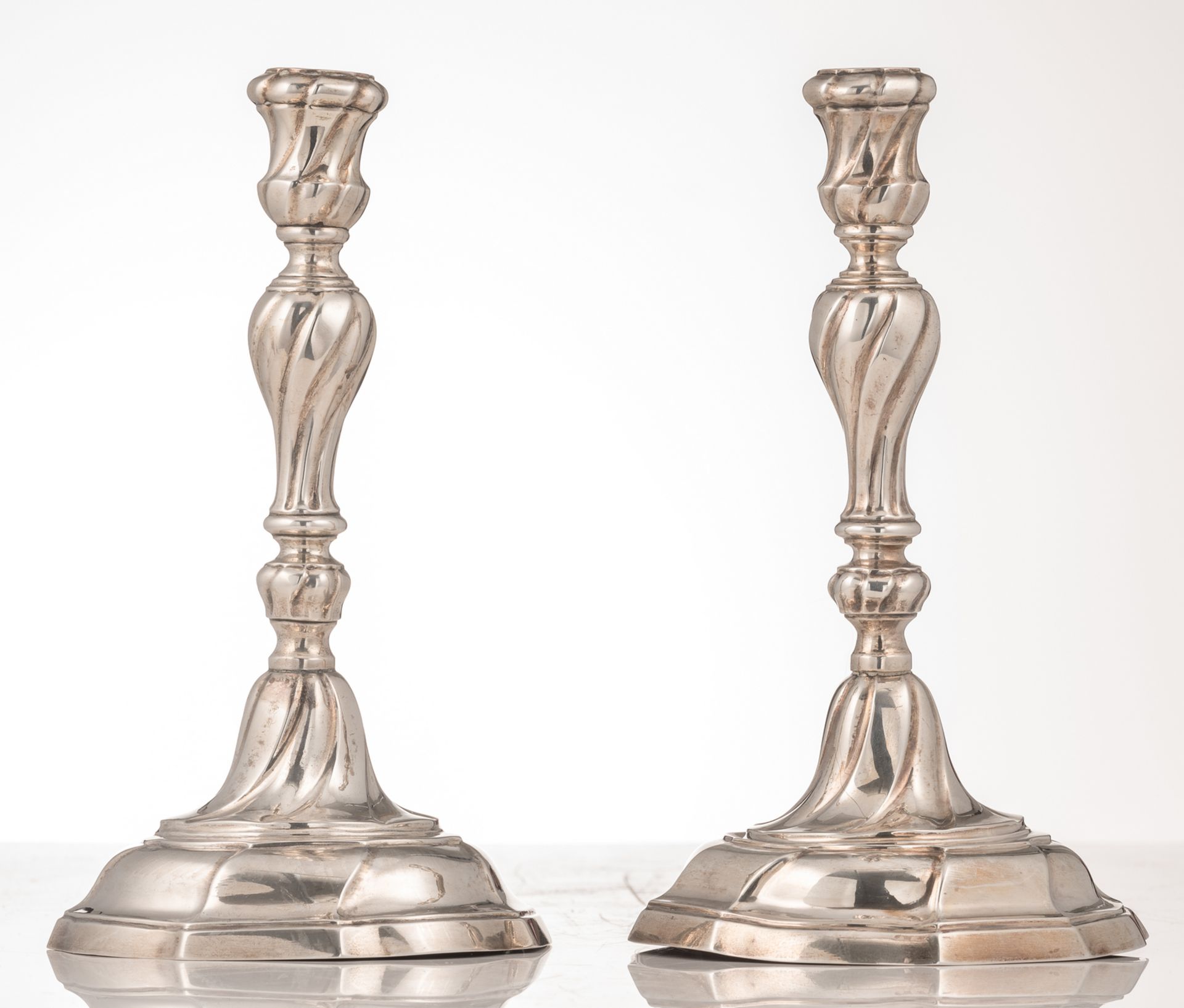 A pair of silver rococo candlesticks, Ghent hallmark, date letter (17)75, maker's mark J.B. Ms - Image 3 of 6