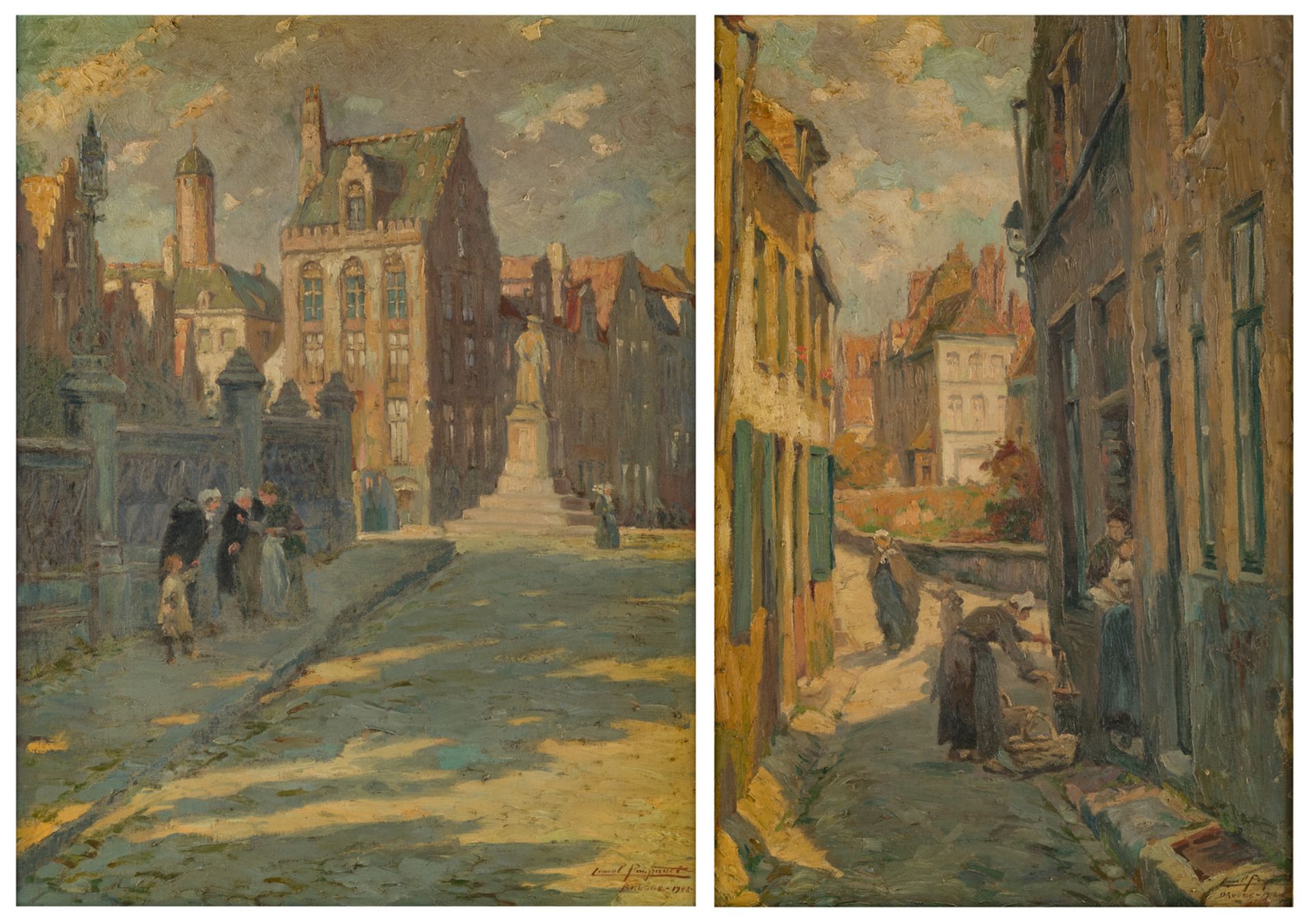 Poupaert L., two rare city views of Bruges, oil on canvas, 1928/1946, 56 x 85 cm / 65,5 x 85 cm