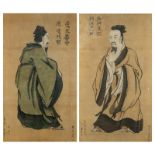 A pair of Chinese watercolours, with calligraphic texts and figures, depicting dignitaries,