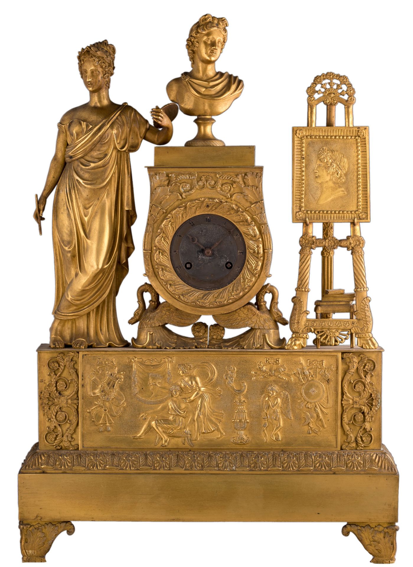 A French neoclassical gilt bronze second quarter of the 19thC mantel clock with on top a group