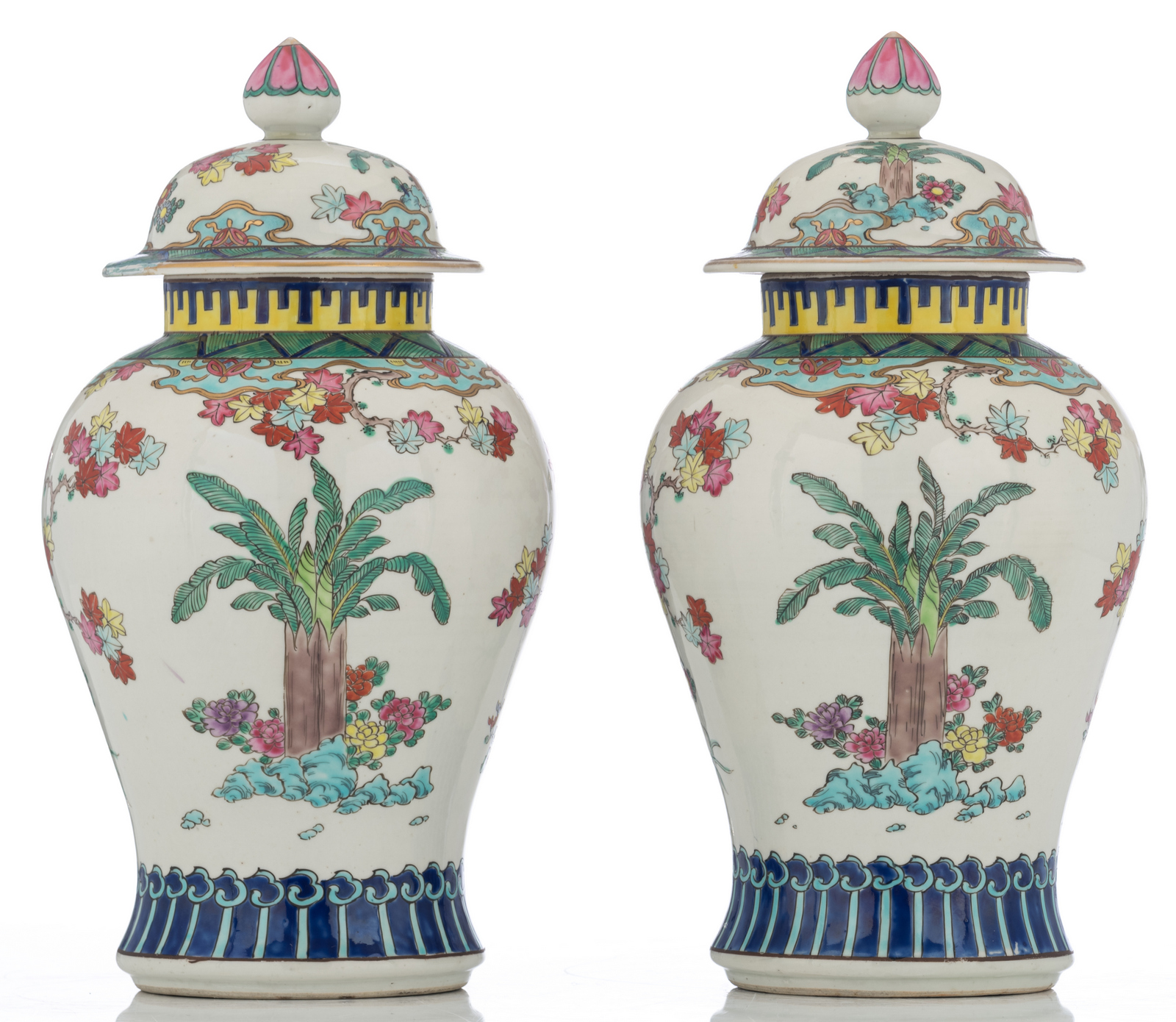 A pair of polychrome vases and covers, decorated with chinoiseries, marked, H 37,5 cm - Image 3 of 6