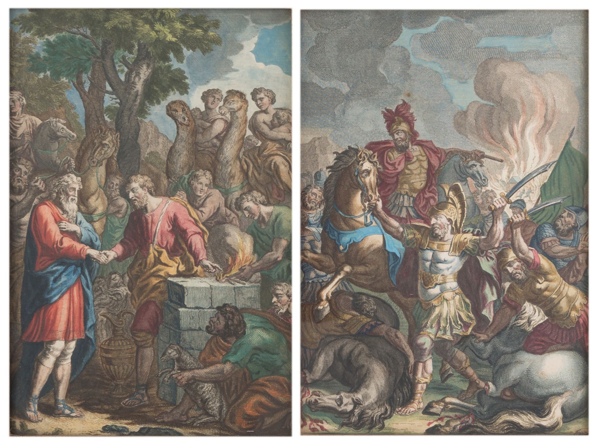 Two hand coloured 17th/18thC copper engravings depicting biblical scenes, 20 x 29 cm