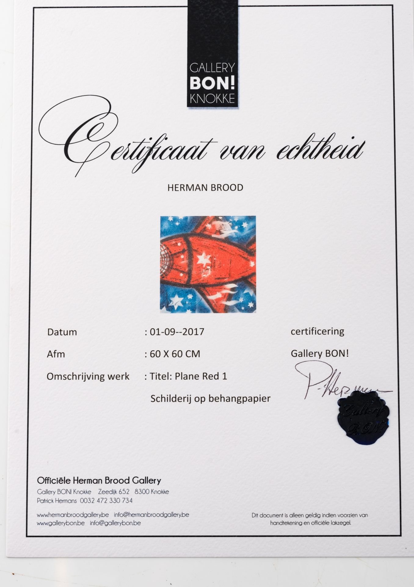 Brood H., 'Plane Red 1', painting on wallpaper, with a certificate of Gallery Bon! - Knokke, 60 x 60 - Image 5 of 5