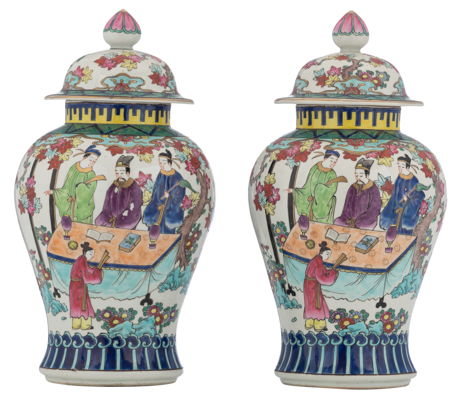 A pair of polychrome vases and covers, decorated with chinoiseries, marked, H 37,5 cm