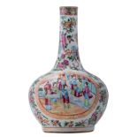 A Chinese Canton famille rose bottle vase, the roundels with ladies in a pavilion, 19thC, H 33,5 cm