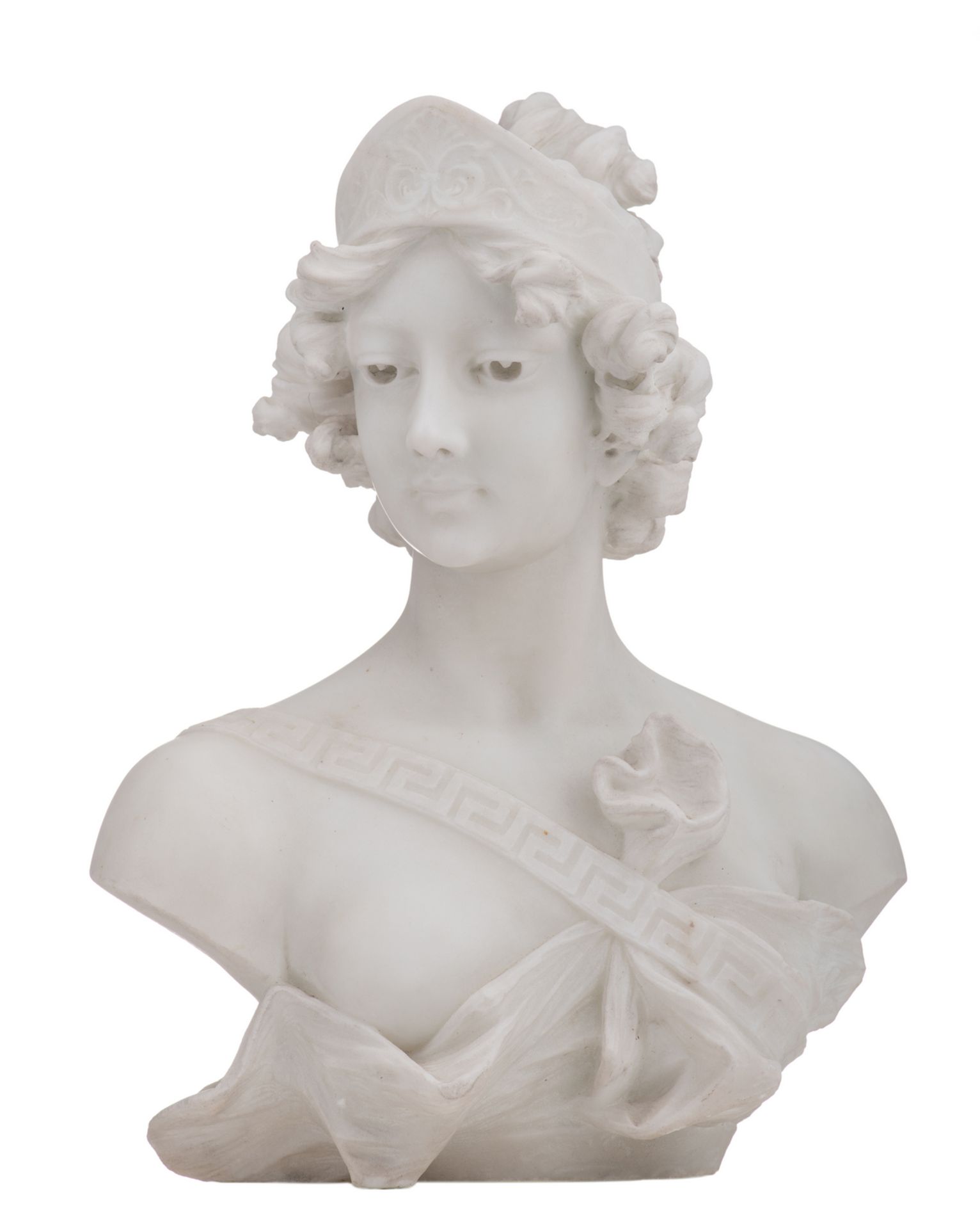 Jacques, a bust of a girl, Carrara marble, H 39,5 cm