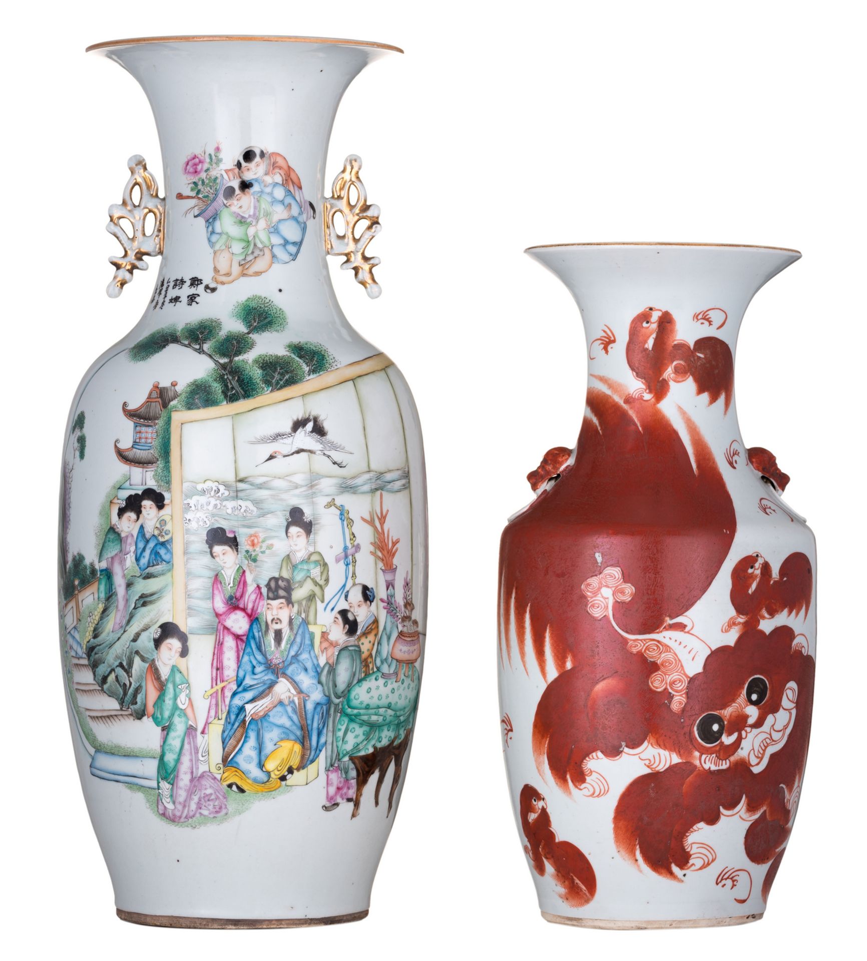 A Chinese famille rose vase, decorated with a dignitary and his attendants, birds, flower branches