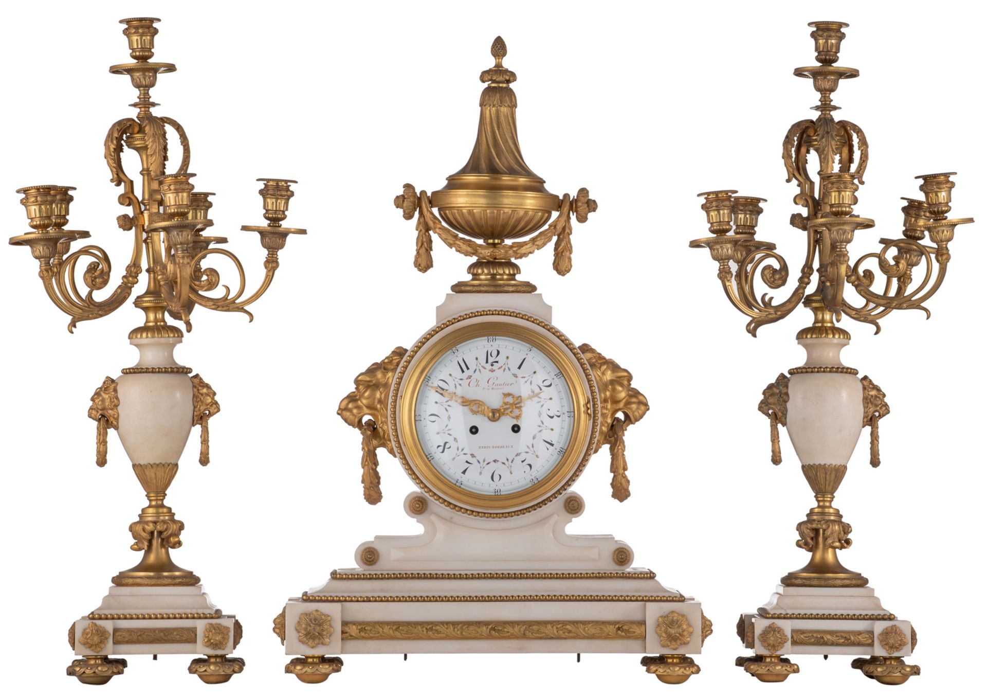 A neoclassical gilt bronze and white marble three-piece garniture, dial signed Ch. Gauthier, Ft de