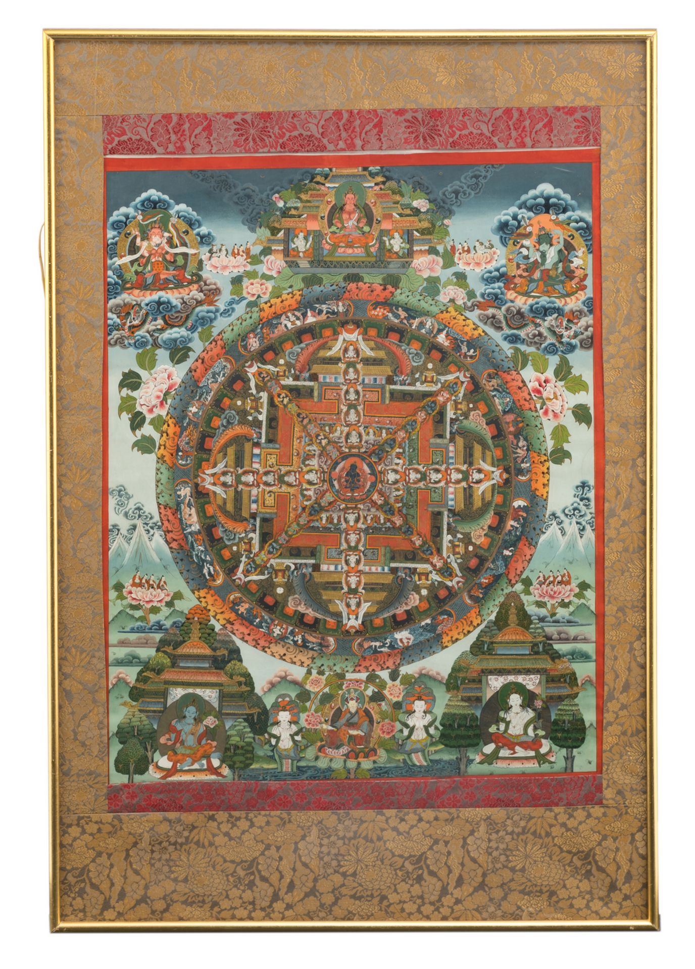 Two Tibetan tangkas, with floral decorated textile mounts, framed, 51 x 64 - 52 x 67,5 cm - Image 2 of 5