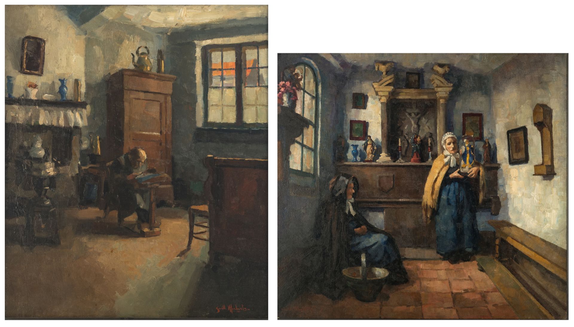 Michiels G., two devote females in the almshouse 'De Pelikaan' in Bruges, oil on canvas; added