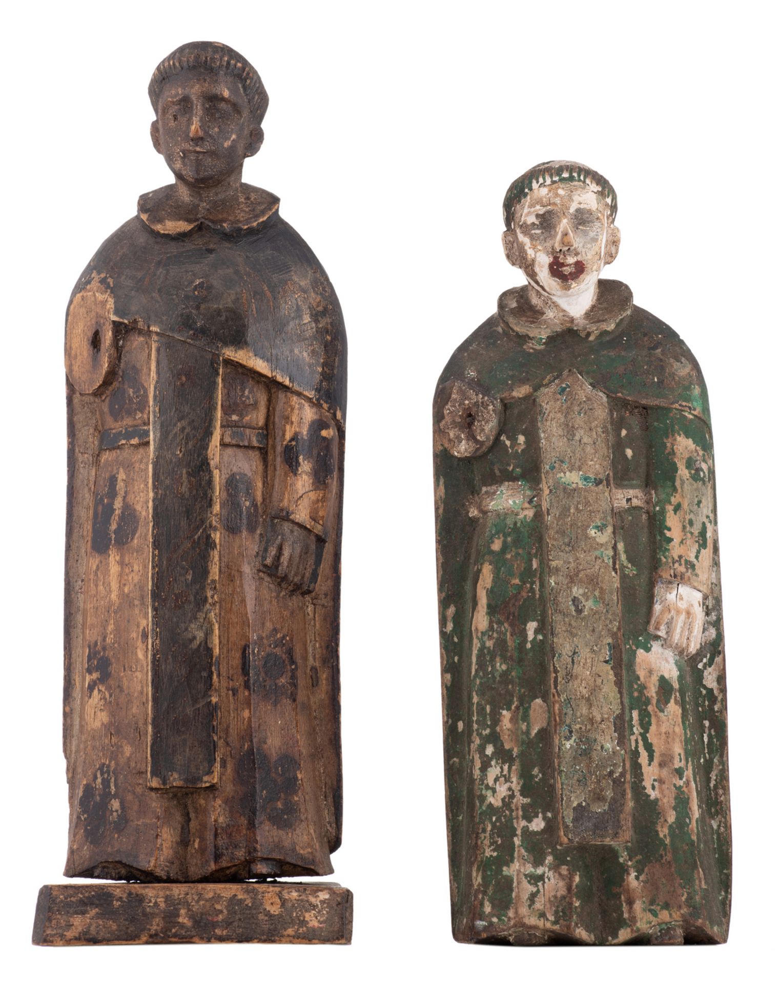 Two 18th/19thC Southern European or South American polychrome decorated monks, H 27 - 31 cm