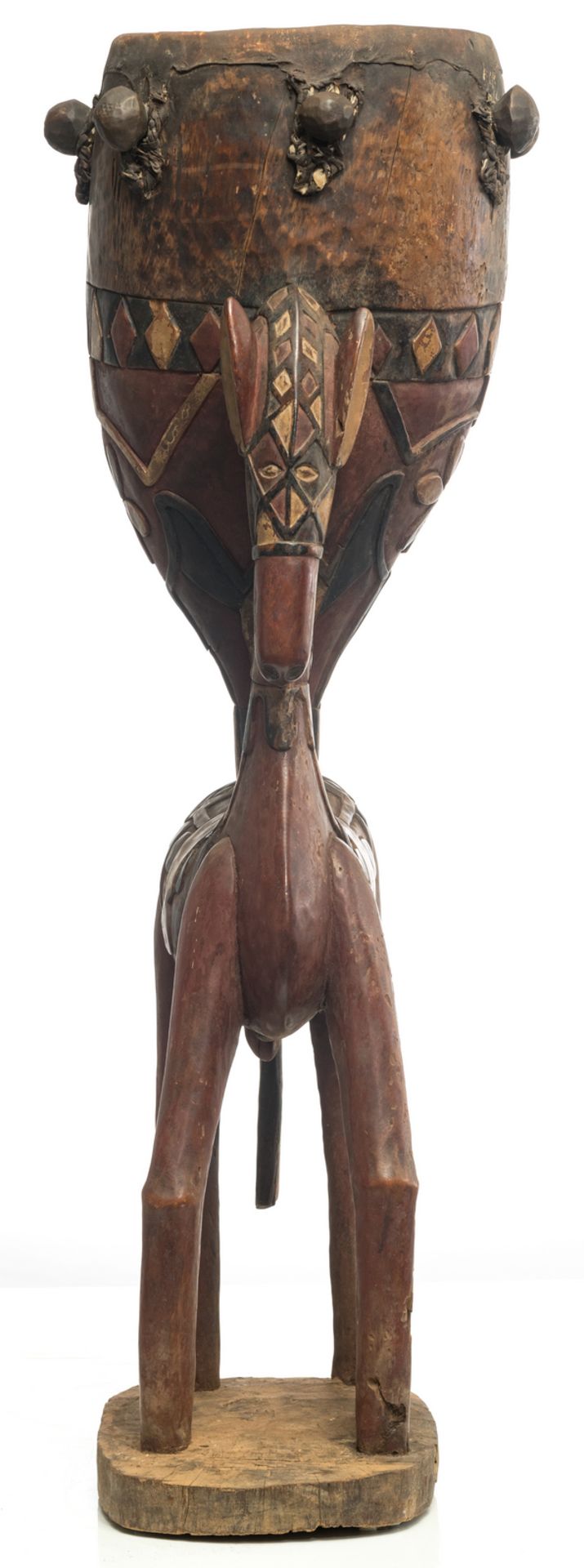 A wood and polychrome Baga drum on a horse shaped base, Guinea Bissau, possibly first half 20thC, - Image 3 of 7