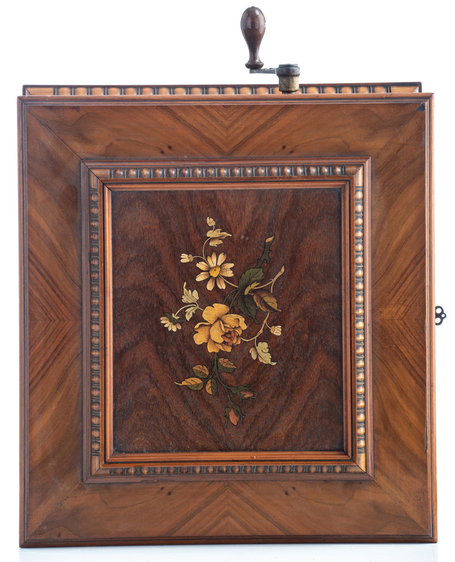 A walnut and marquetry veneered Symphonion music box with twelve matching discs, H 25 - W 42 - D - Image 4 of 7