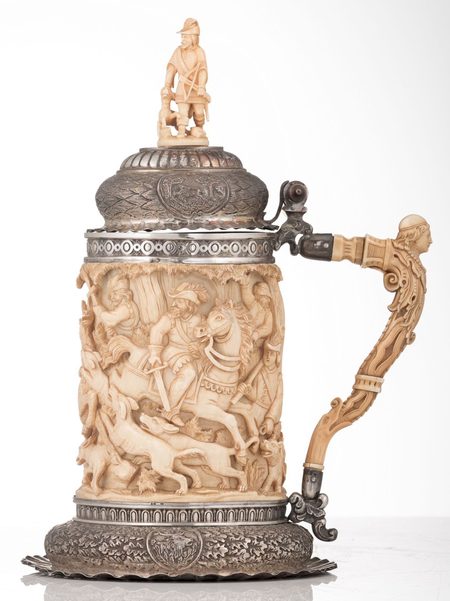 A first quarter of the 20thC Austro-Hungarian silver mounted humpen in the 17thC manner, the ivory - Image 2 of 8