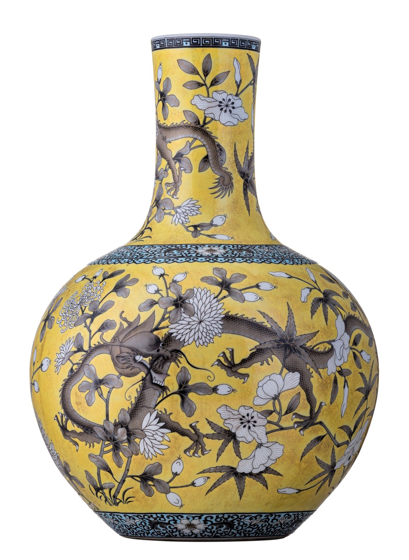 A Chinese yellow ground polychrome dragon decorated bottle vase, marked, H 47,5 cm