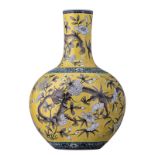 A Chinese yellow ground polychrome dragon decorated bottle vase, marked, H 47,5 cm