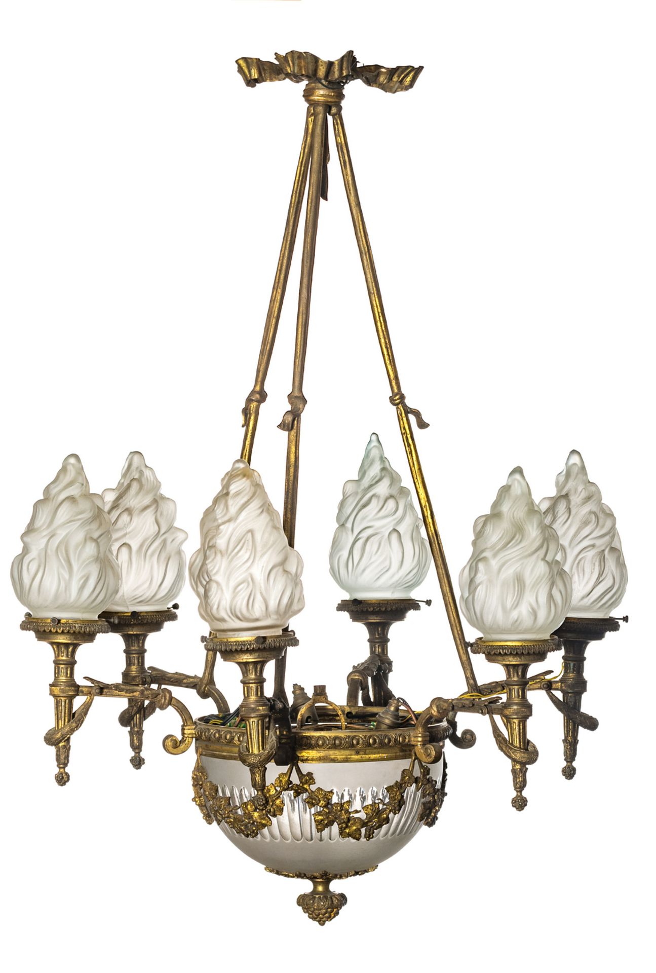 A LXVI-style gilt bronze six lights chandelier with frosted flame shaped shades, 19thC, H 100 cm - Ø