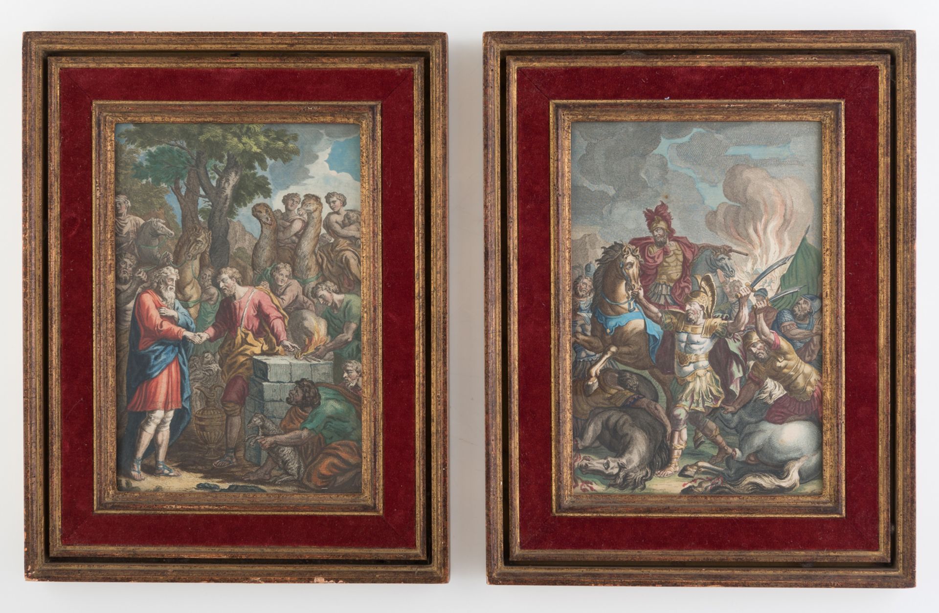 Two hand coloured 17th/18thC copper engravings depicting biblical scenes, 20 x 29 cm - Image 2 of 3