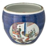 A Chinese bleu soufflé and famille verte jardinière, the roundels decorated with figures of the