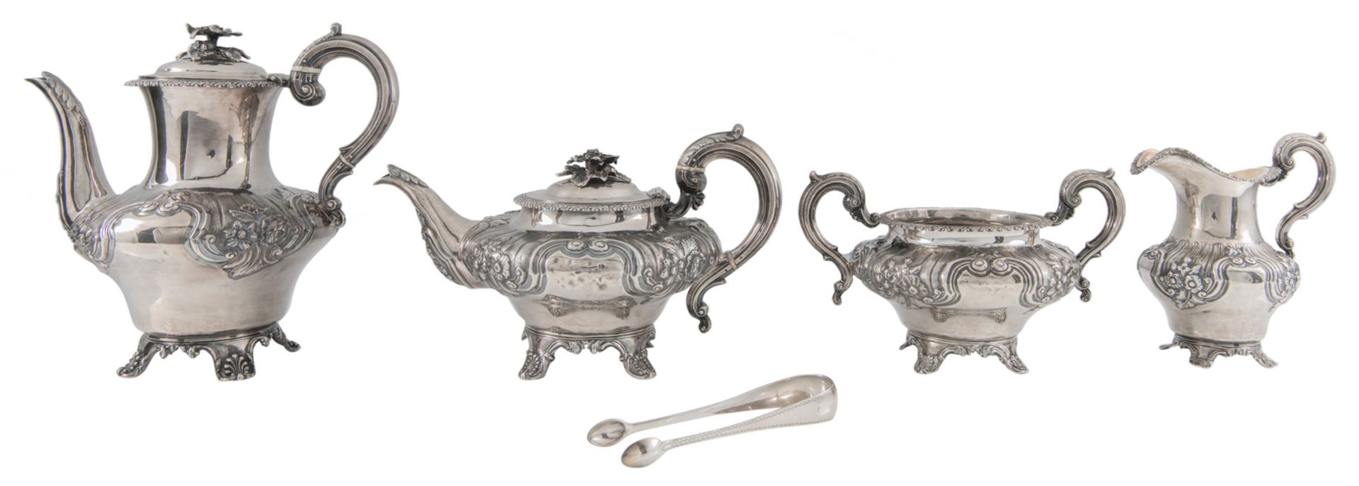 A Victorian silver four part coffee and tea set, hall mark London, H for 1843 + Queen's head,
