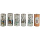 Five Chinese famille rose and polychrome cylindrical vases, decorated with gallant and animated