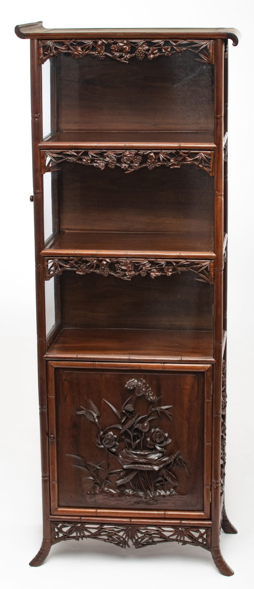 An Oriental richly carved hardwood display cabinet with bamboo imitation, the panels decorated - Image 2 of 6