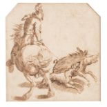 No visible signature, a study for a hunting scene, ink, early 17thC, 18 x 18,5 cm