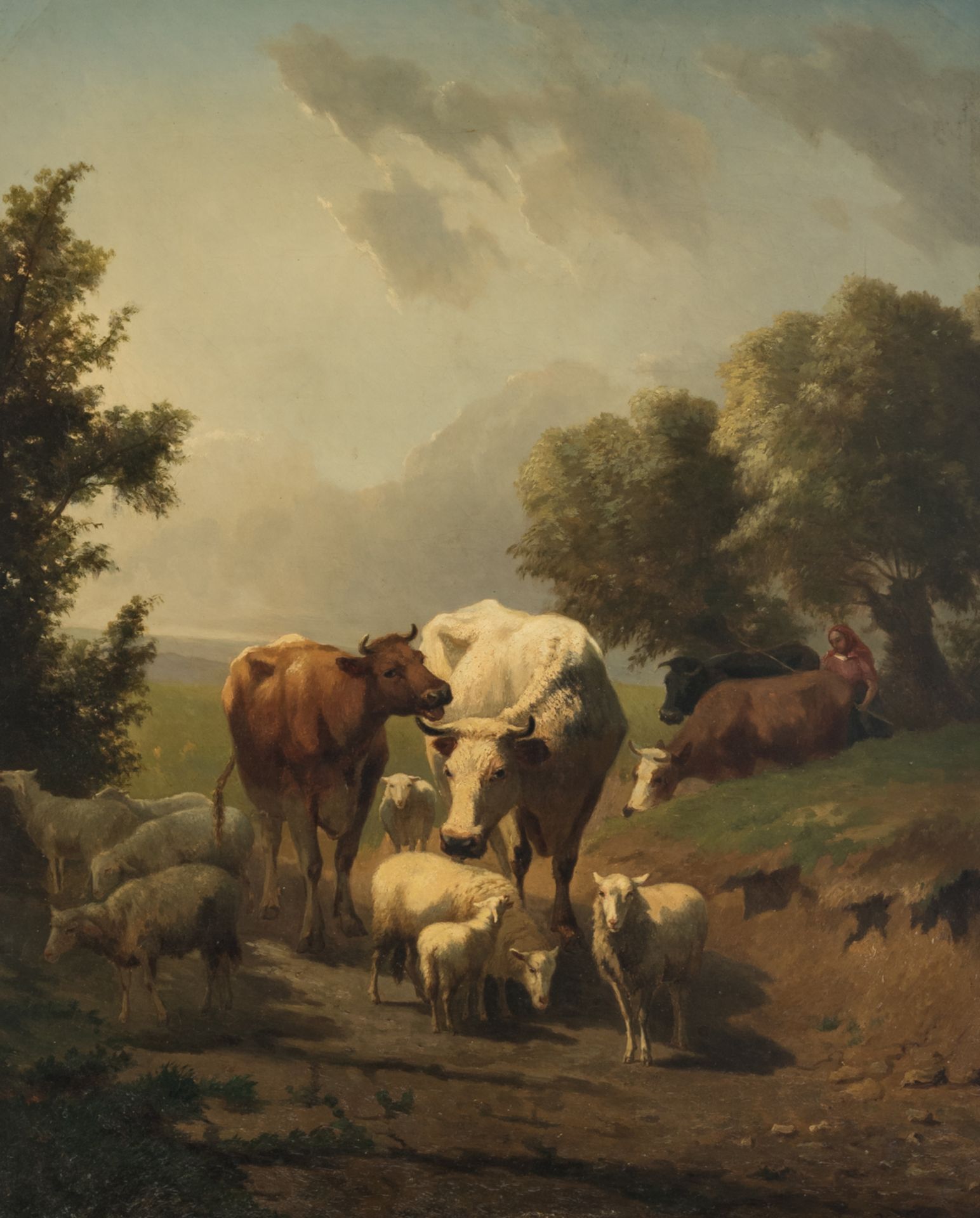 Verhuest V., a shepherdess with cattle in a landscape, oil on canvas, 56 x 67,5 cm