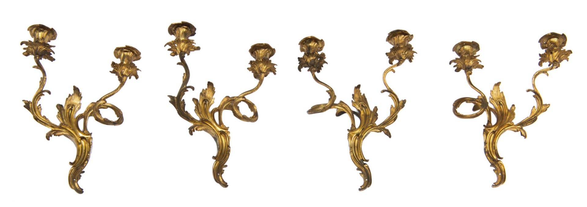 Four gilt bronze Rococo Revival wall candelabras, H 35 cm