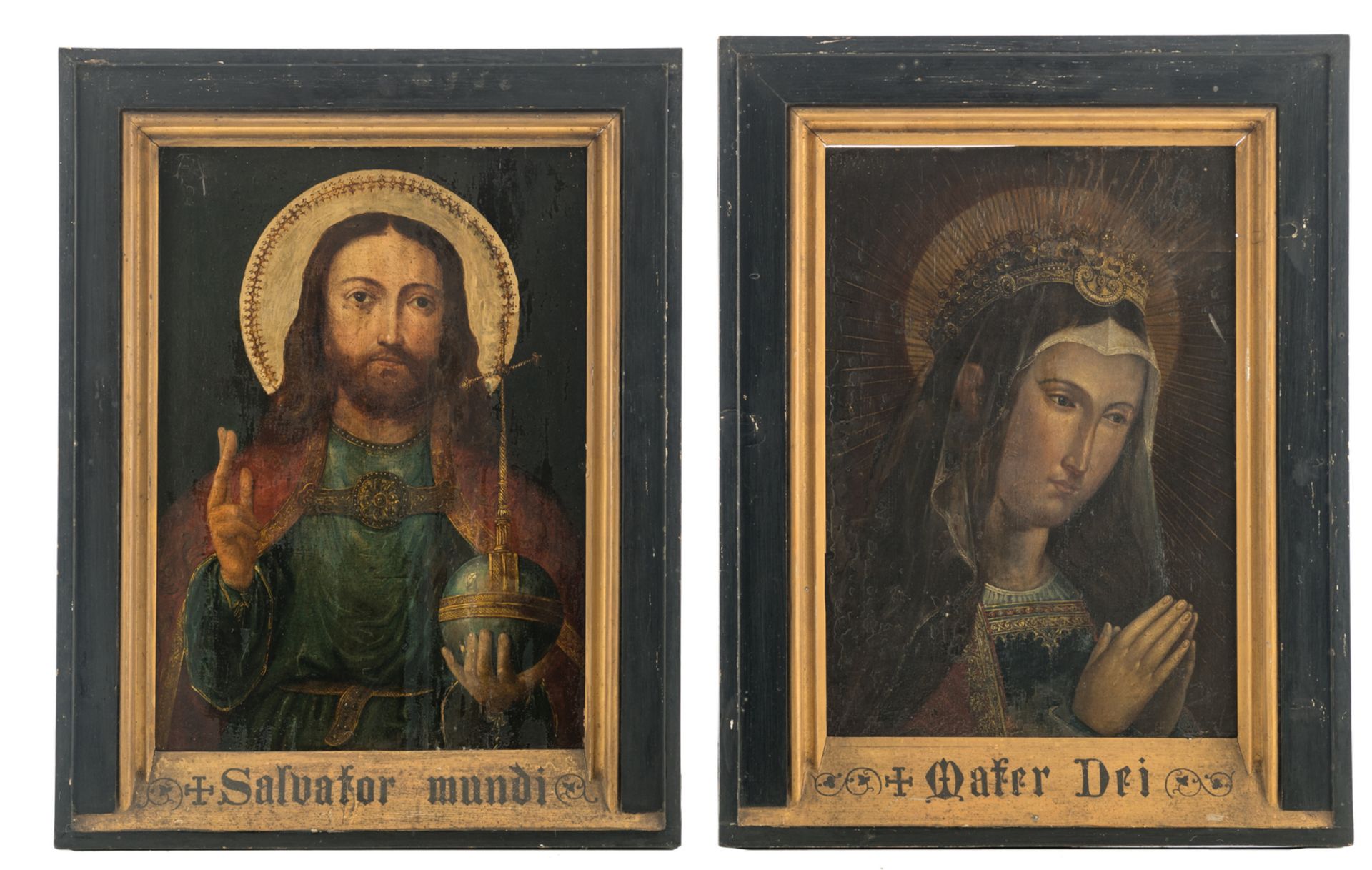 No visible signature, 'Salvator Mundi' / 'Mater Dei', a lot of two 16thC religious paintings, oil on