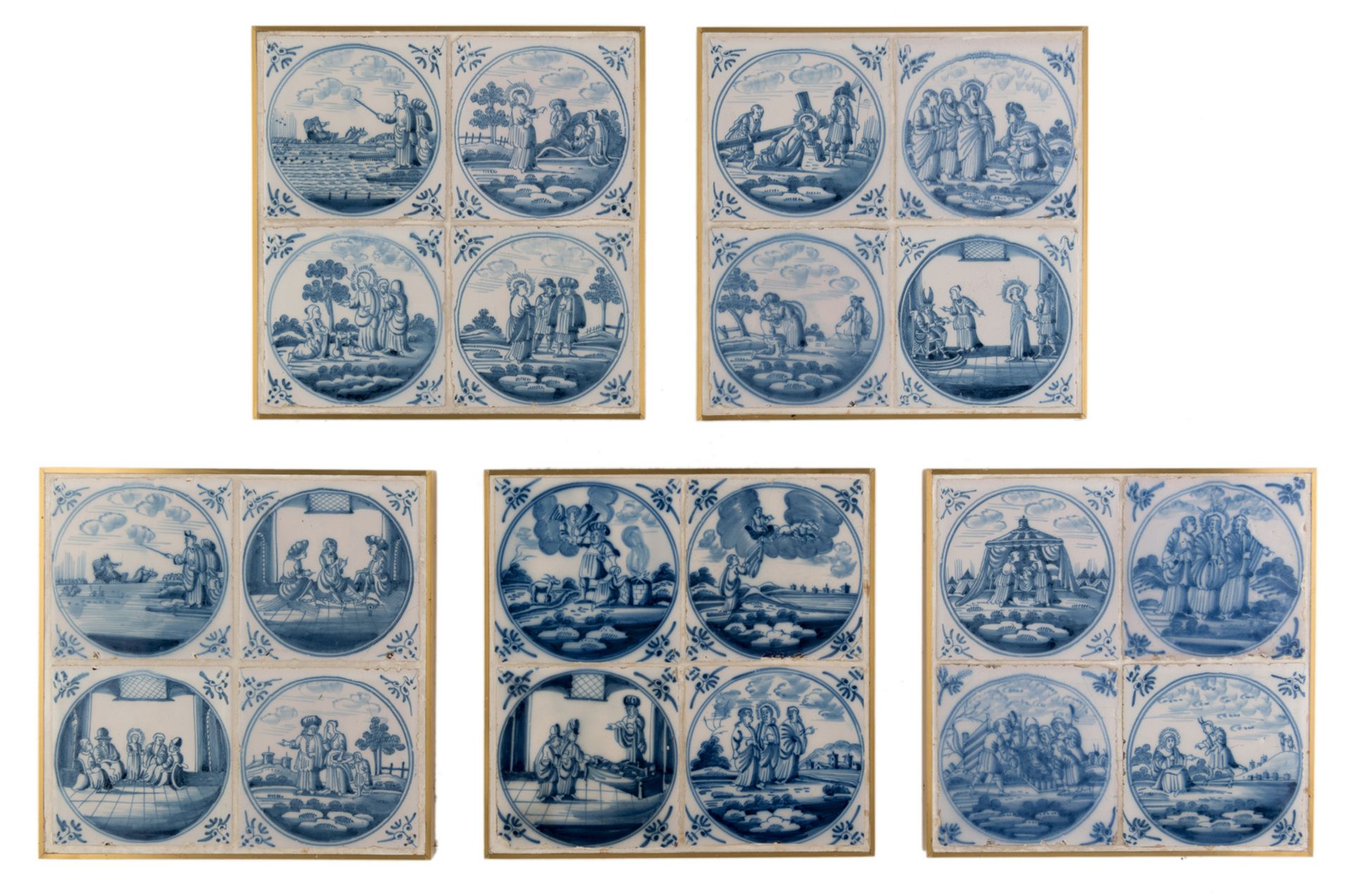 A lot of five 18thC Dutch Delftware tile panels, blue and white decorated with scenes out of the Old
