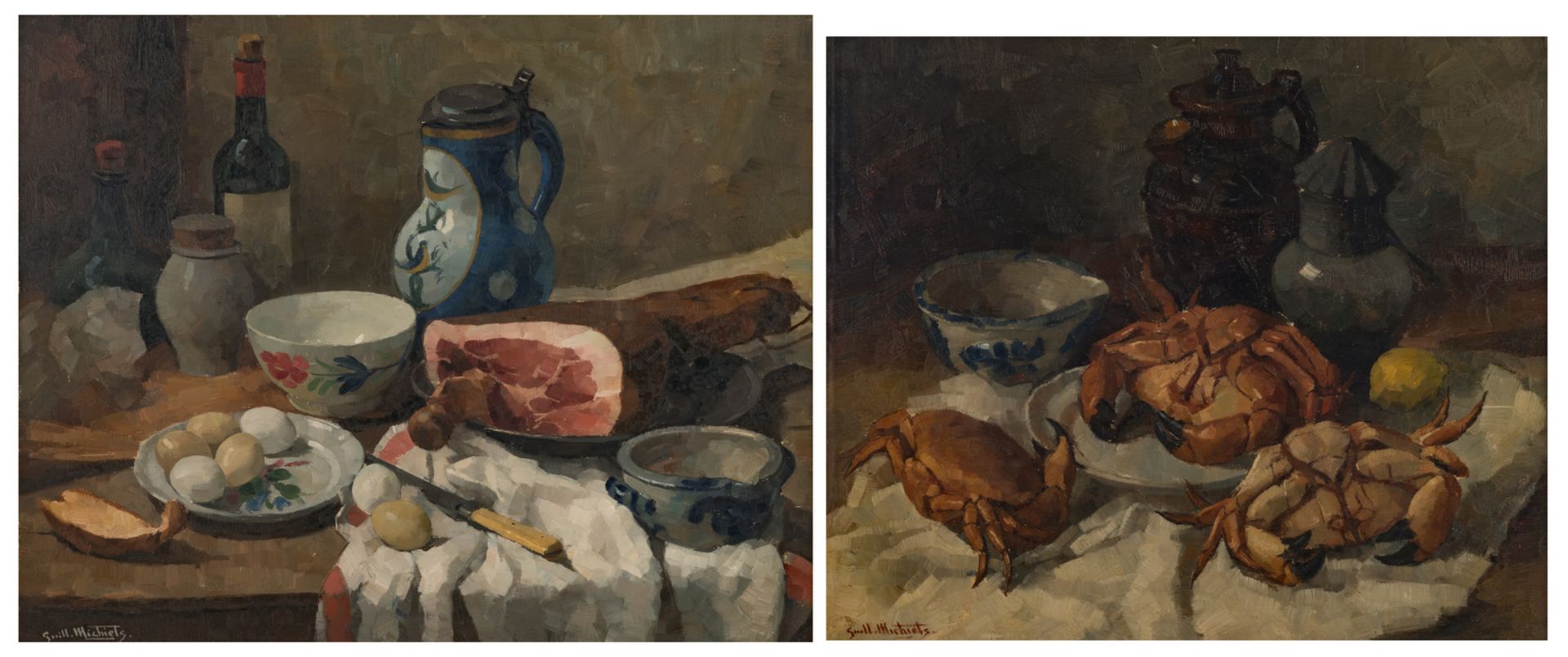 Michiels G., two still lifes, one with crab and one with ham, 60 x 70 and 65 x 80 cm