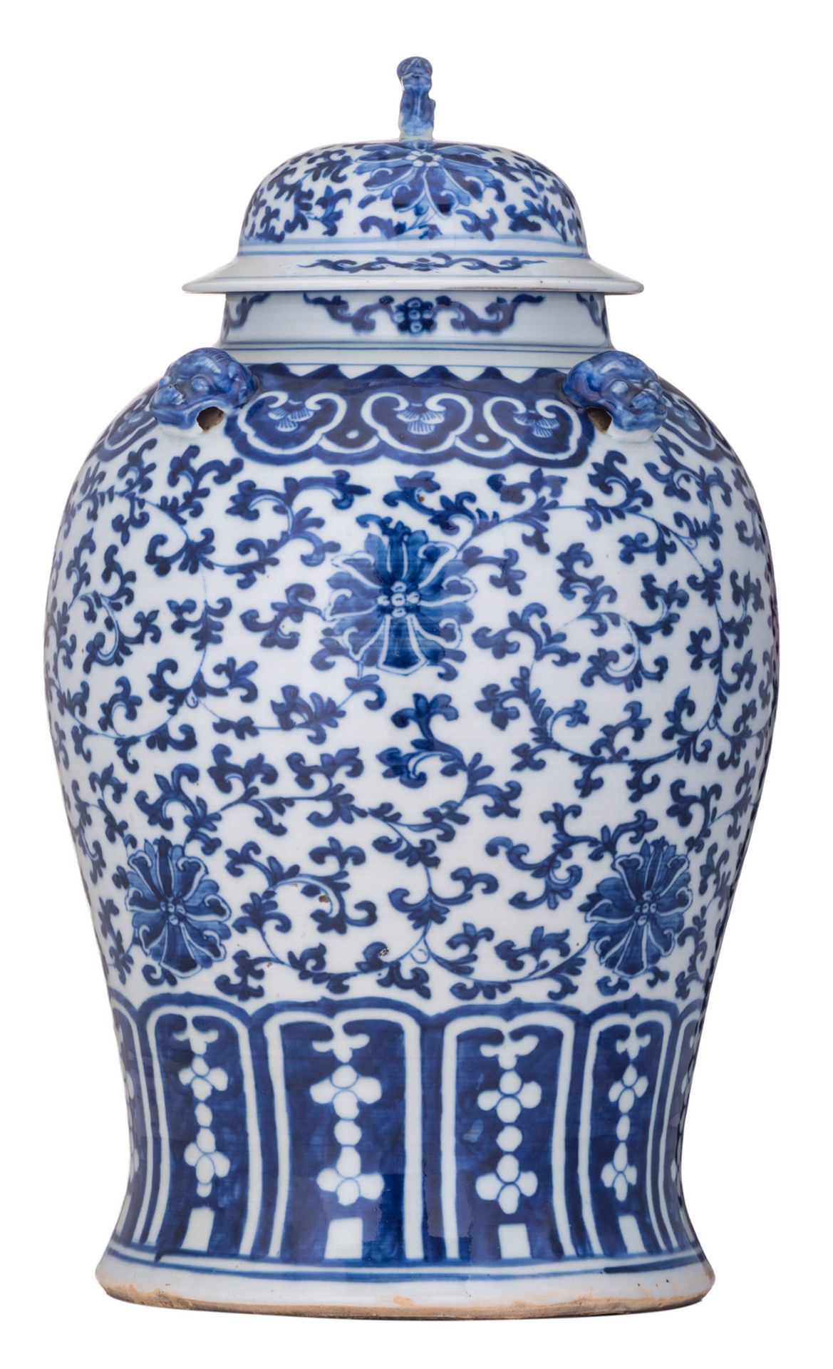 A Chinese blue and white vase and cover, decorated with scrolling lotus, H 46 cm