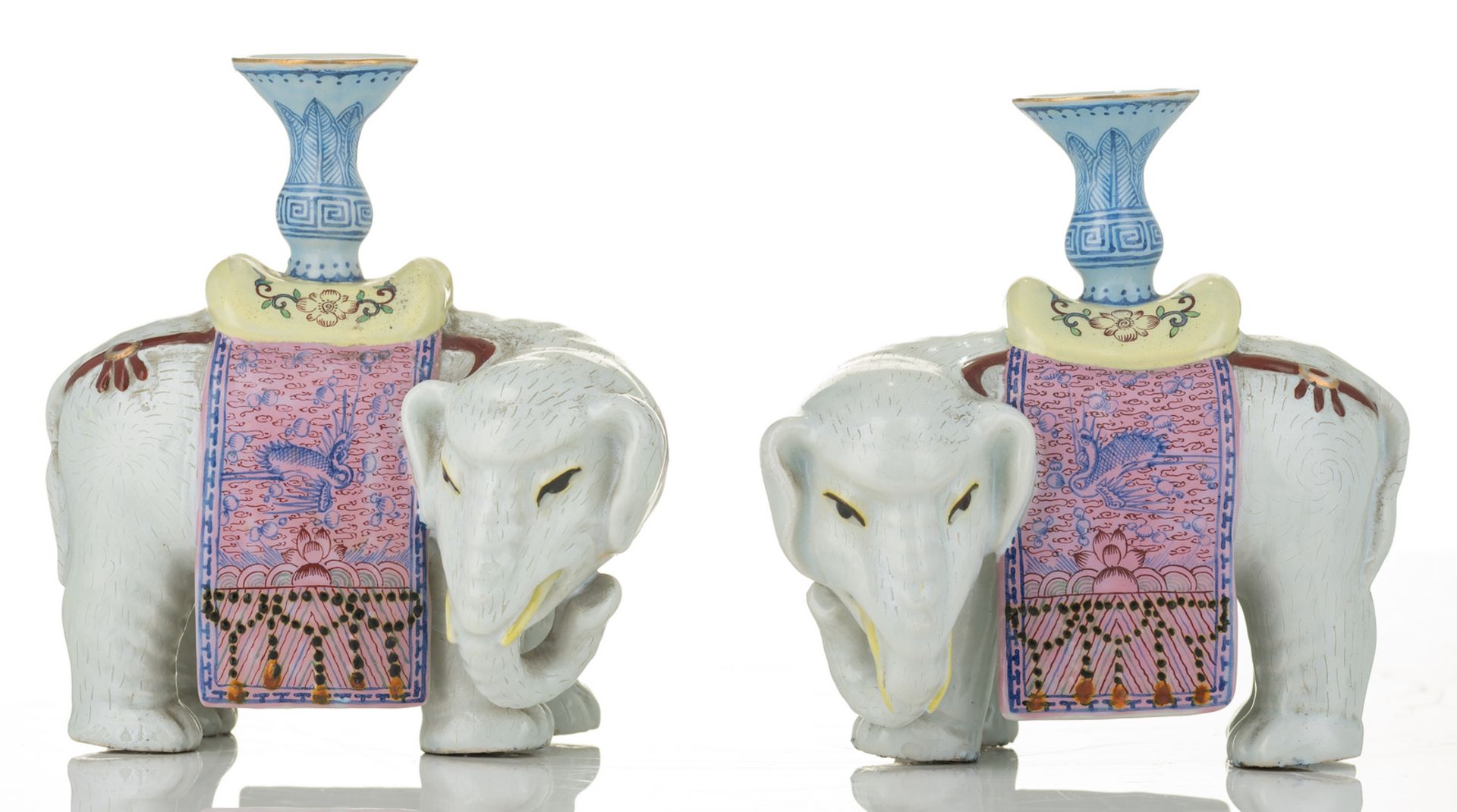 A pair of Chinese polychrome decorated elephant shaped stick holders, H 13 cm - Bild 2 aus 8