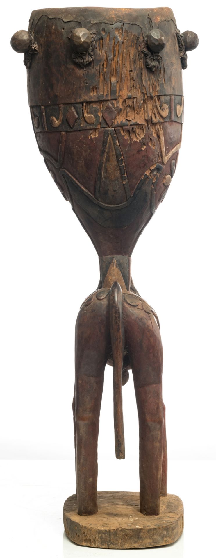 A wood and polychrome Baga drum on a horse shaped base, Guinea Bissau, possibly first half 20thC, - Image 4 of 7