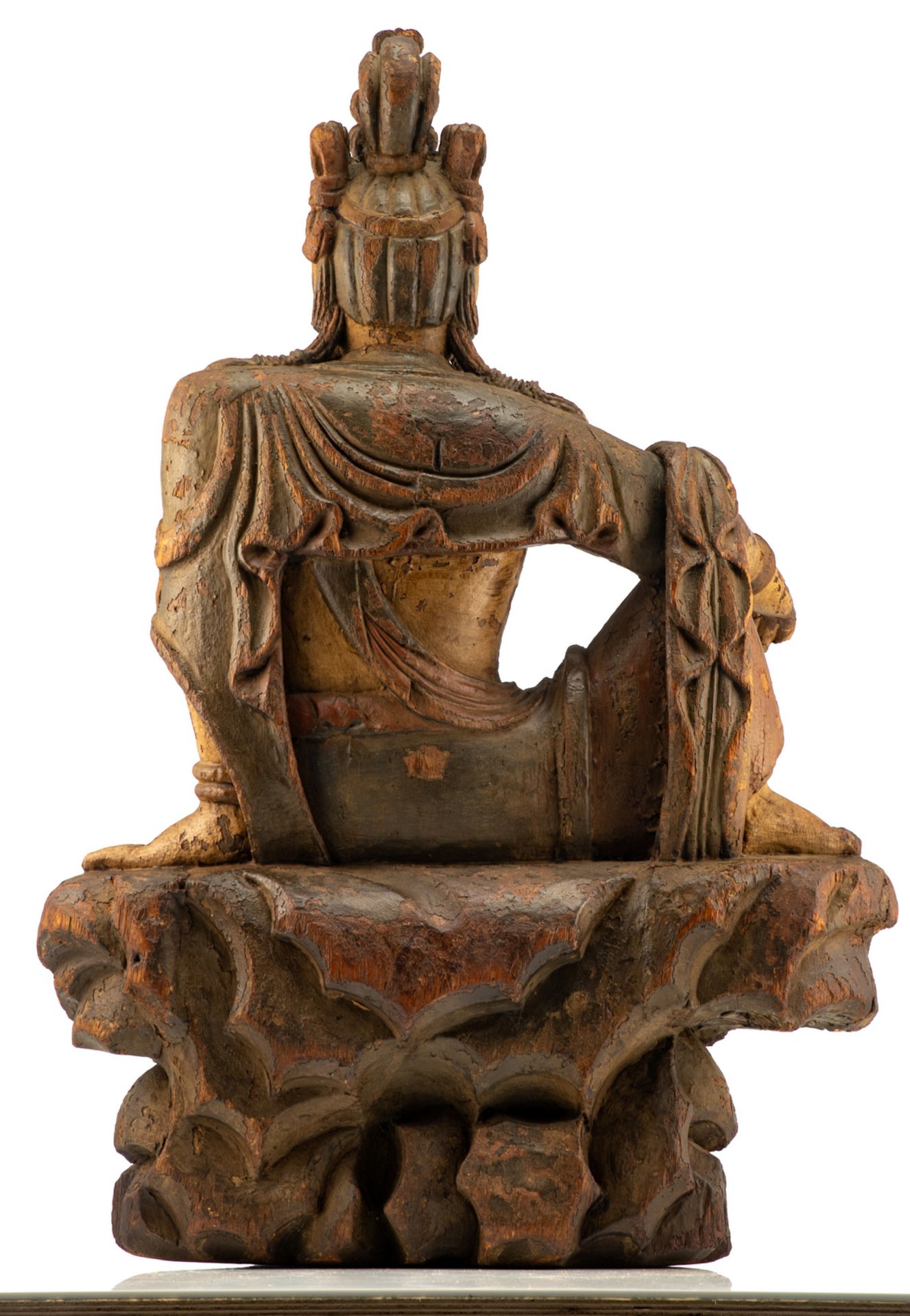 A Chinese polychrome carved wooden figure of a watermoon Guanyin, probably Ming, H 82 - W 56 - D - Bild 3 aus 6