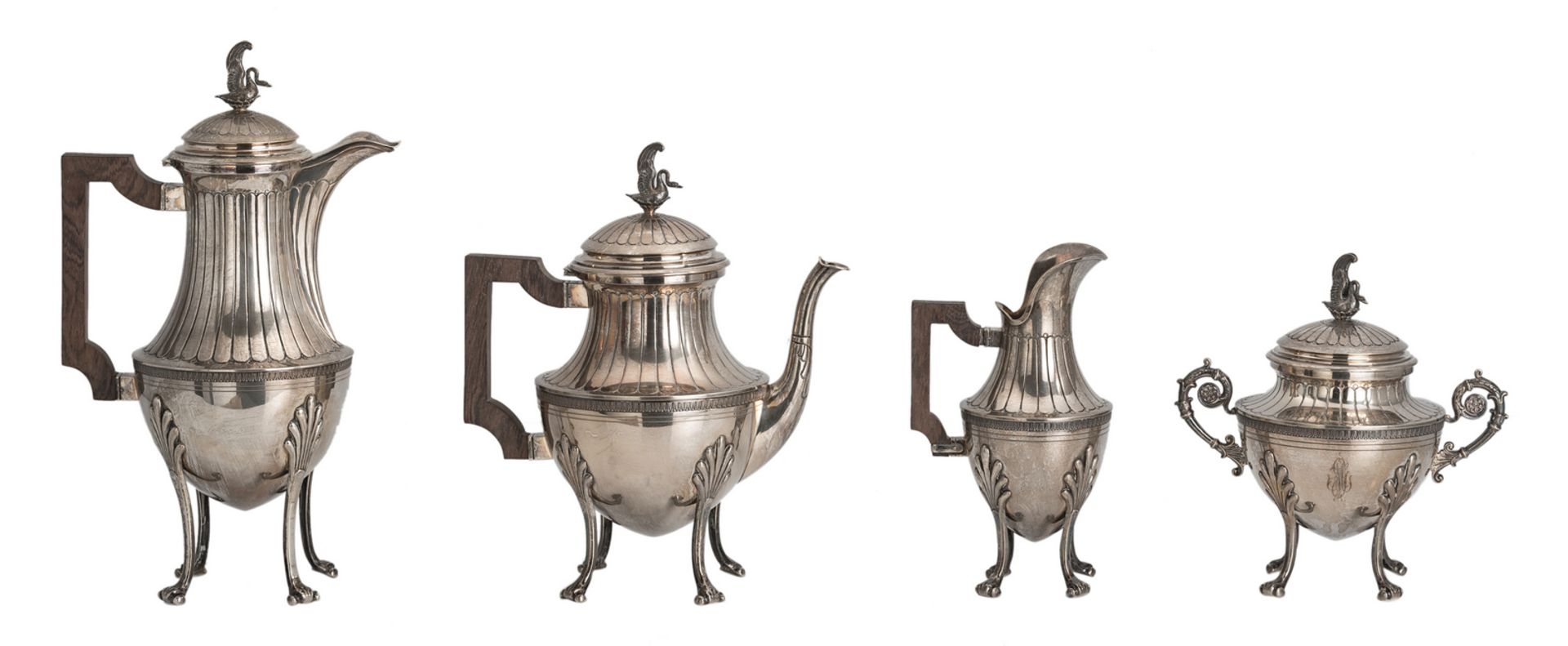 A four part neoclassical silver coffee and tea set, consisting of a coffee pot, a tea pot, a sugar