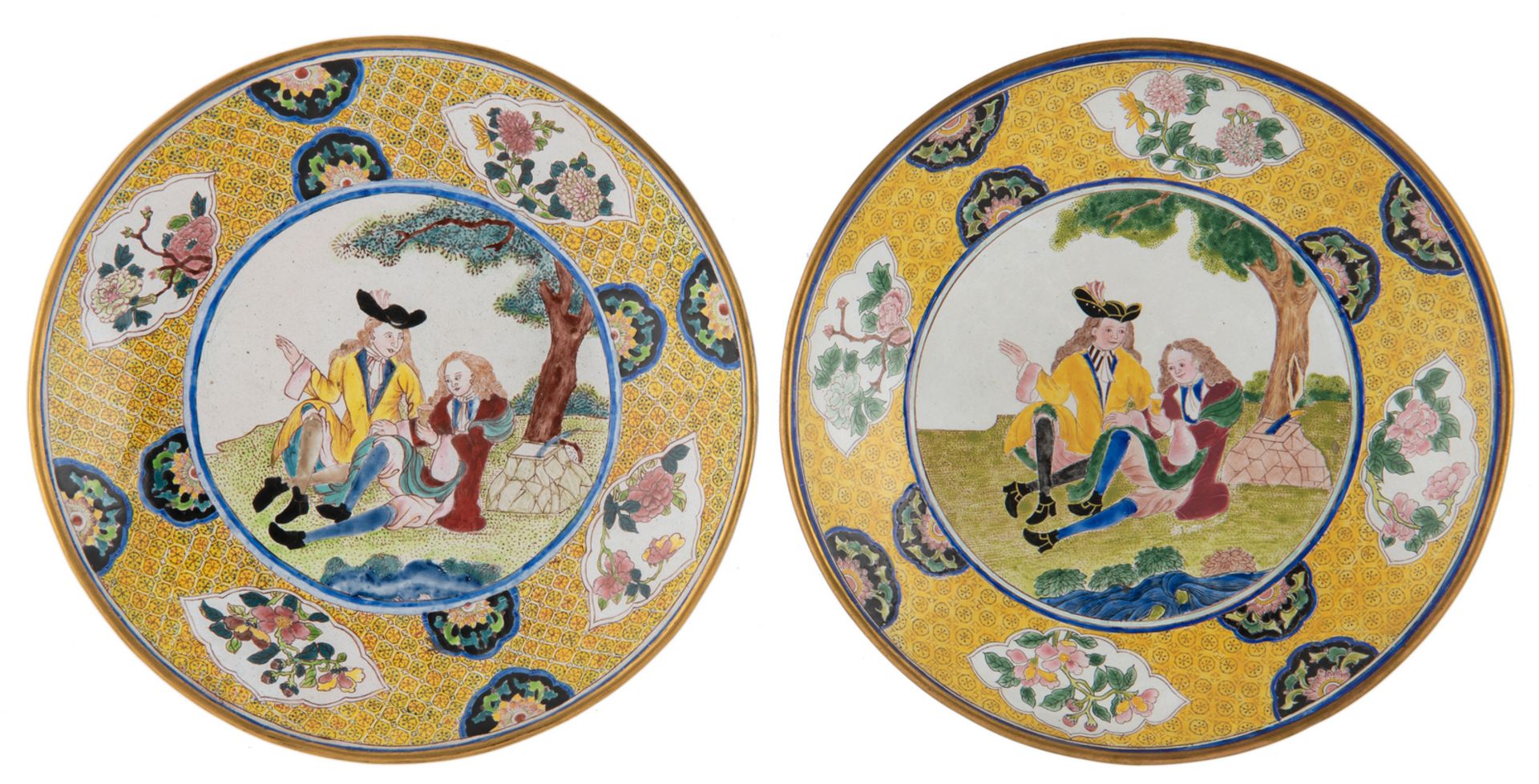 Two Chinese pink and blue back Canton enamel dishes decorated with a European subject, ø 21,5 cm