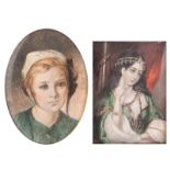 Antigua, the oval miniature portrait of a girl, watercolour on ivory, in a walnut burl wooden frame,