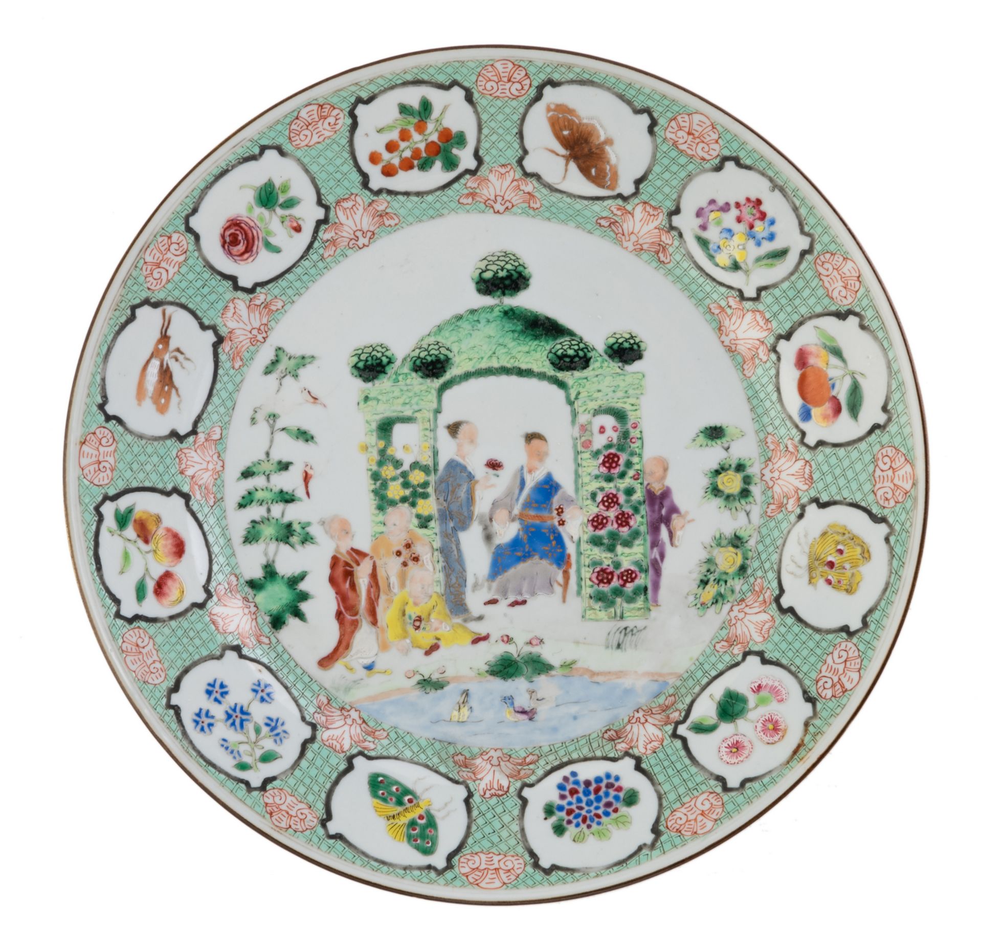 A Chinese famille rose export porcelain dish, the well decorated with an animated scene, depicting a