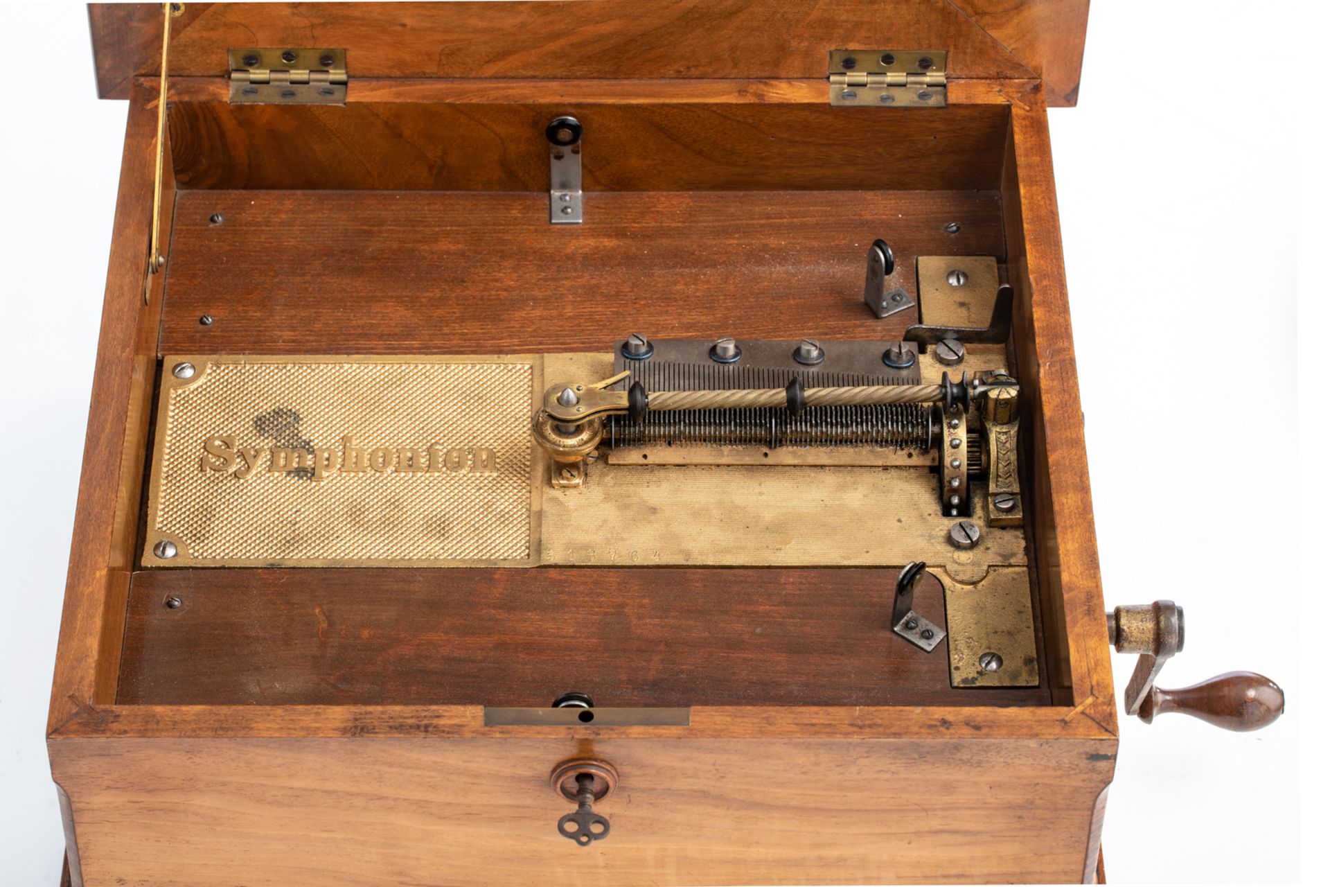 A walnut and marquetry veneered Symphonion music box with twelve matching discs, H 25 - W 42 - D - Image 2 of 7