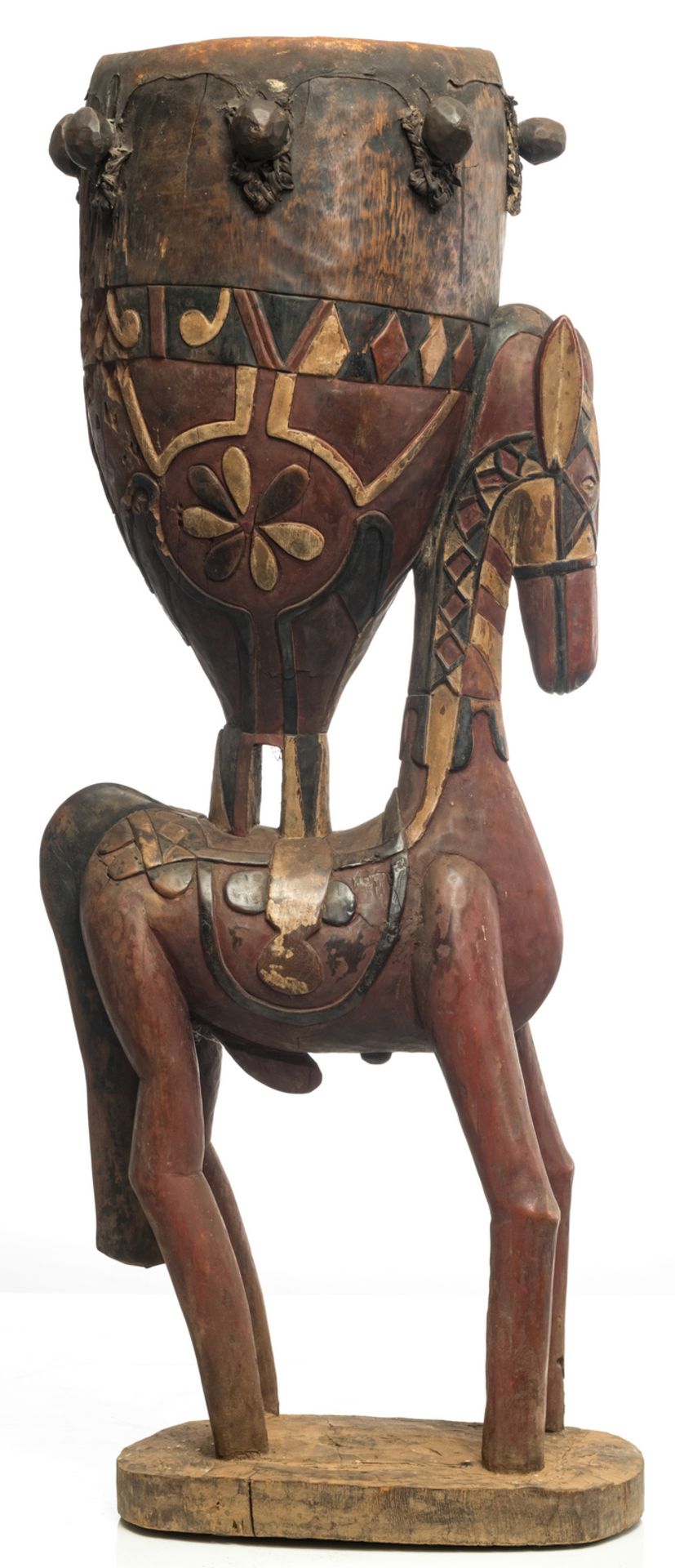 A wood and polychrome Baga drum on a horse shaped base, Guinea Bissau, possibly first half 20thC, - Image 5 of 7