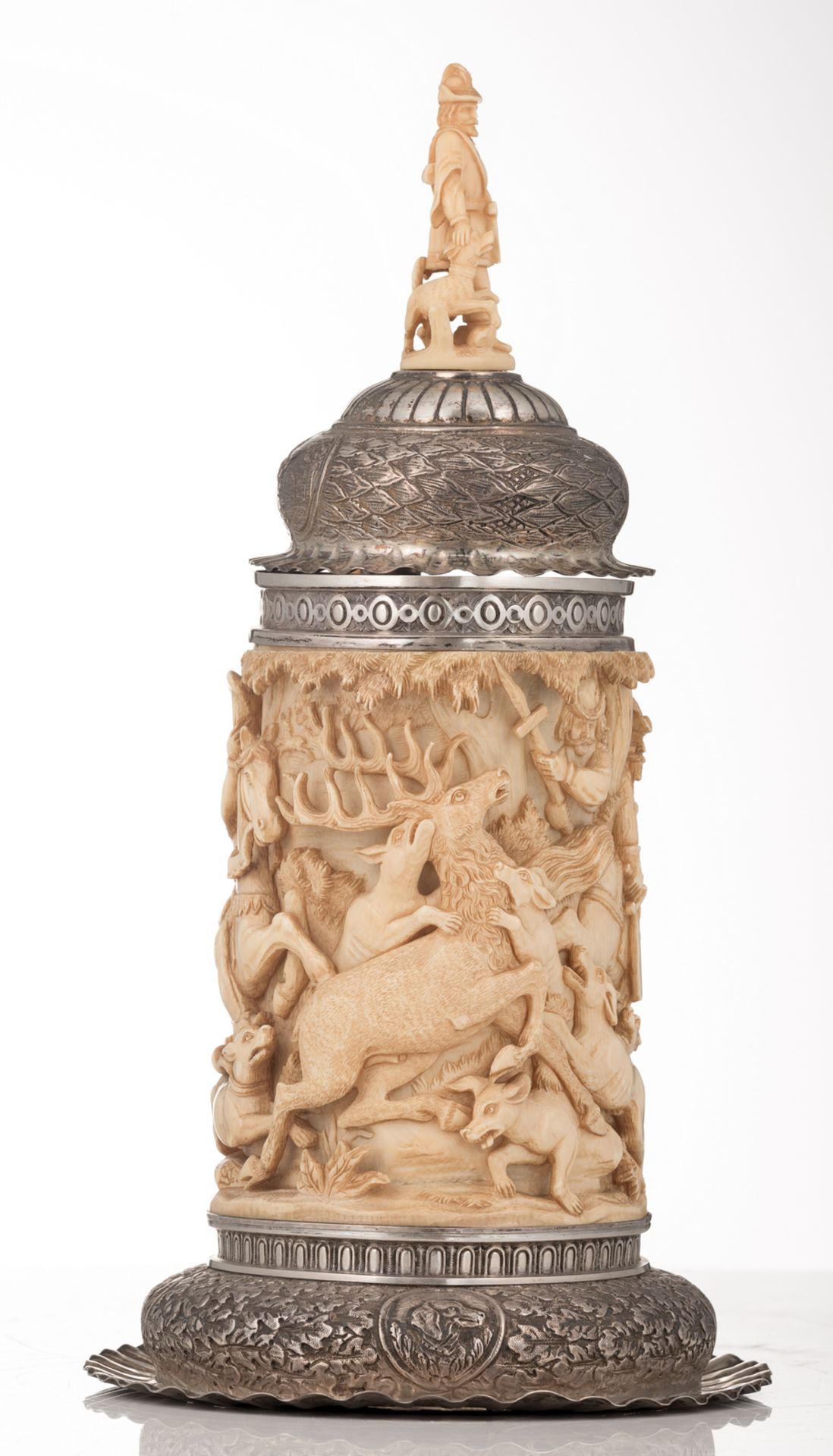 A first quarter of the 20thC Austro-Hungarian silver mounted humpen in the 17thC manner, the ivory - Bild 5 aus 8