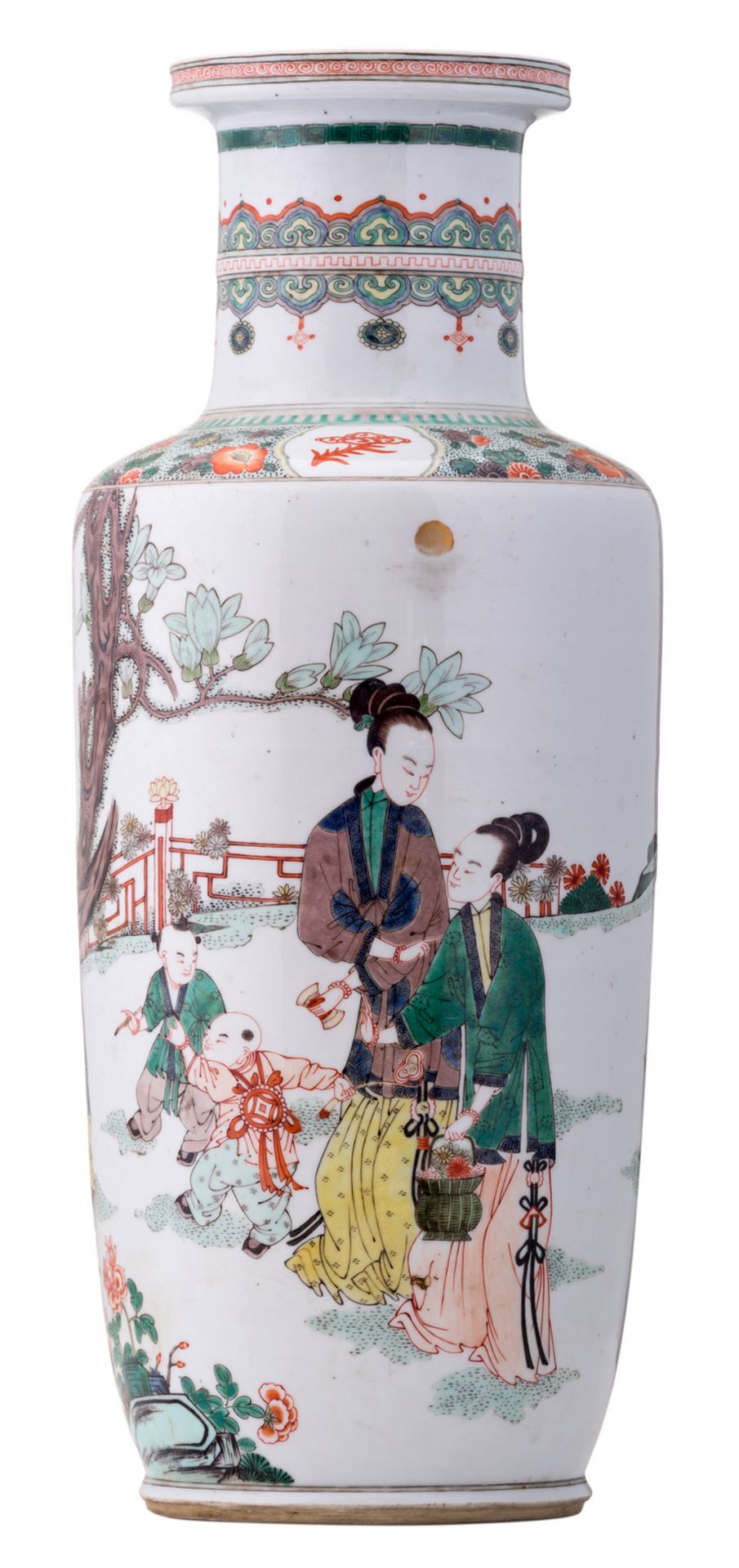 A Chinese famille verte rouleau shaped vase, overall decorated with ladies and children in a garden,