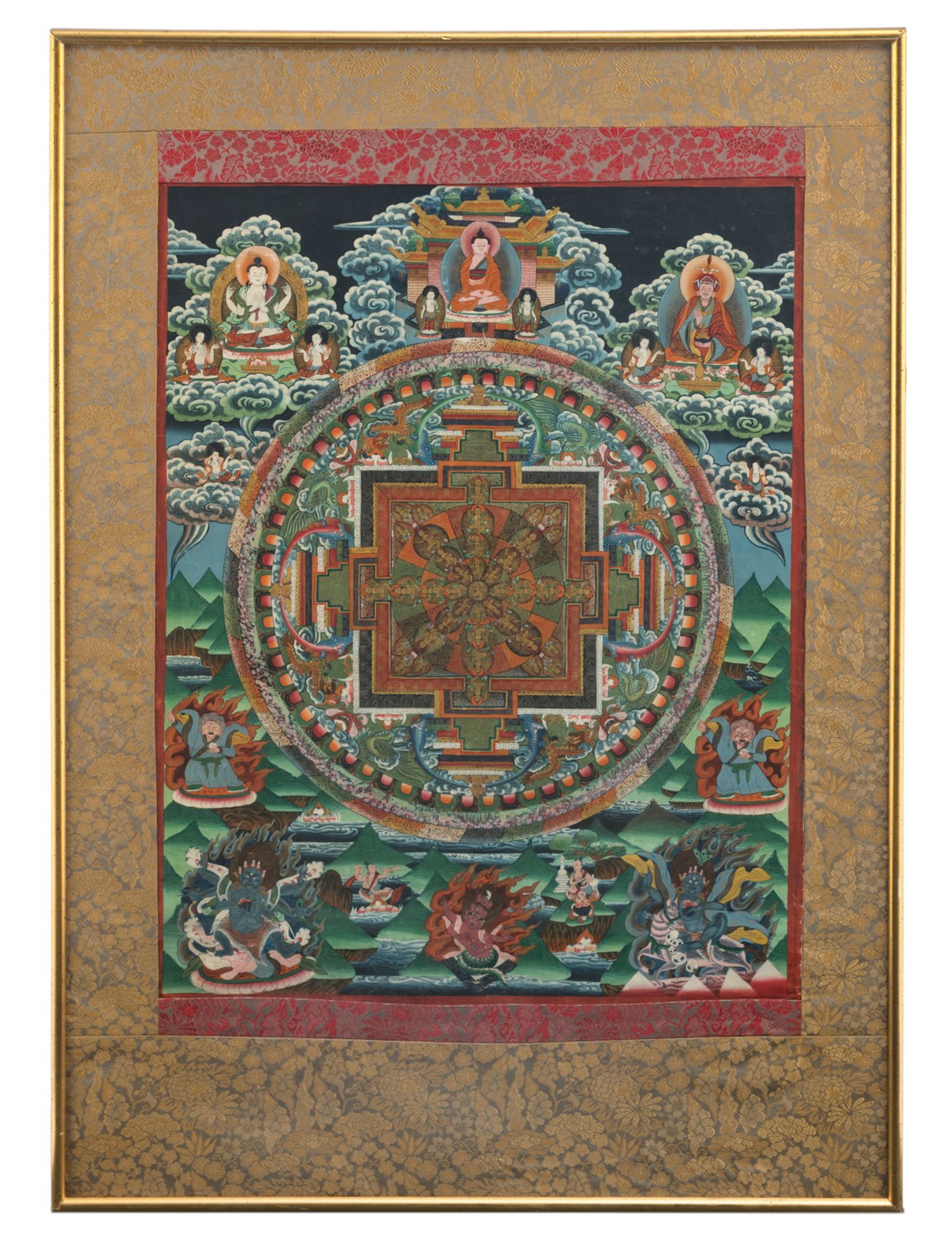 Two Tibetan tangkas, with floral decorated textile mounts, framed, 51 x 64 - 52 x 67,5 cm - Image 3 of 5